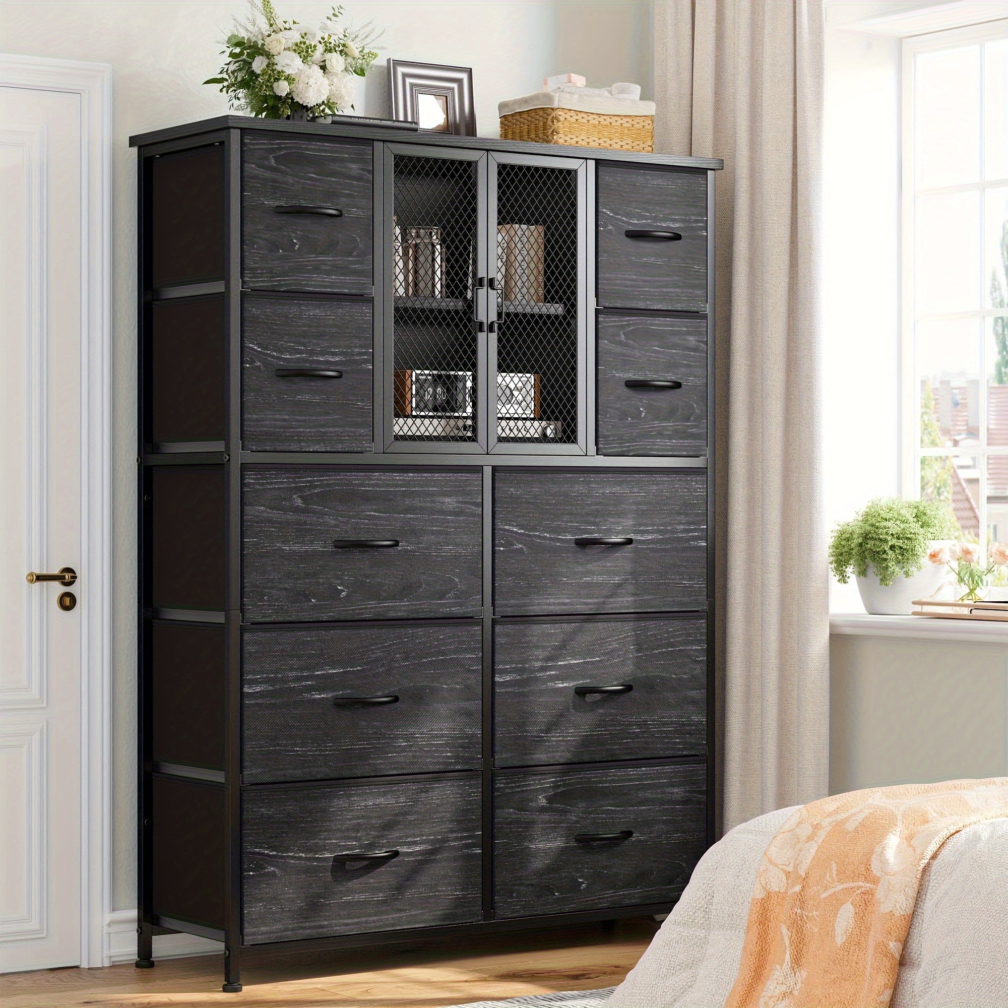 Dresser For Bedroom With Mesh Door Tall Dressers & Chests Of Drawers With 10 Fabric Drawer Morden Dresser Organizer, Metal Frame, Wood Top, For Closet, Entryway, Black 38" Wx11.81 Dx48.1 H