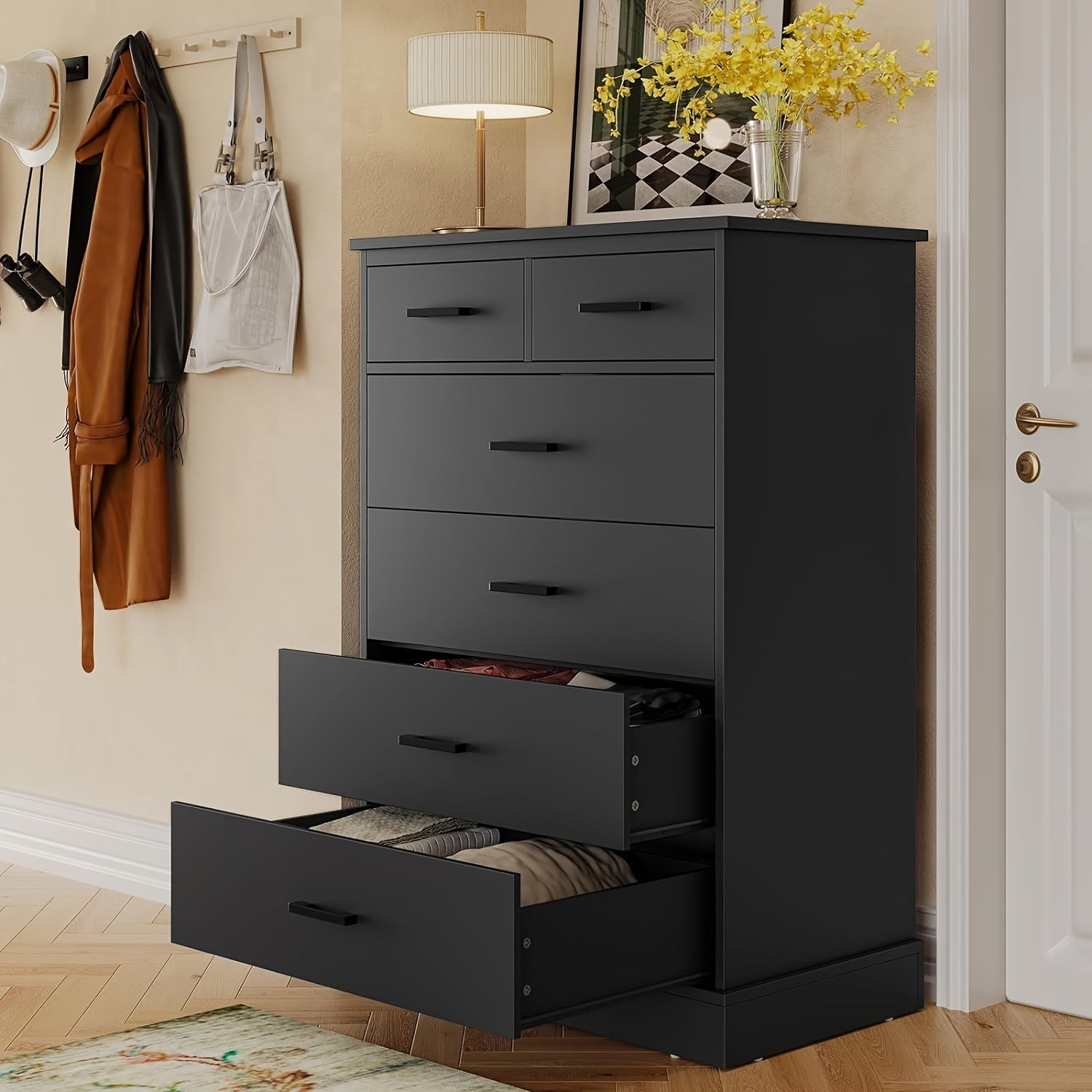 6 Drawers Dresser For Bedroom, Tall Chest Of 6 Drawers Storage Cabinet For Living Room Hallway Entryway, Black/White