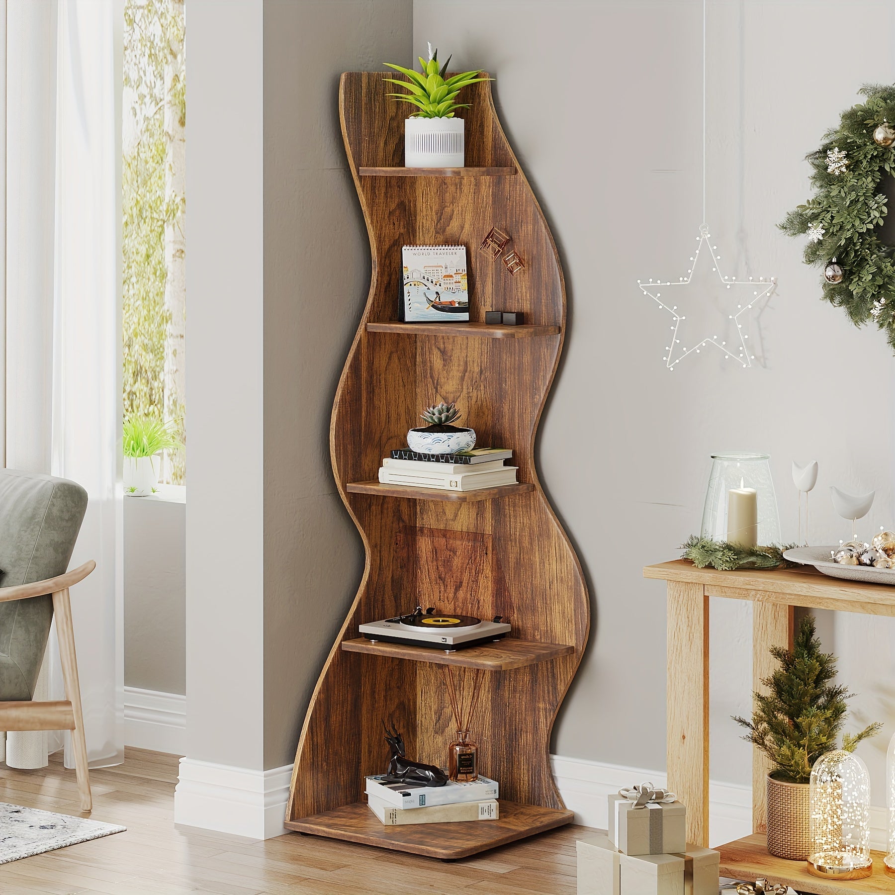 Rustic 5-Tier Wooden Corner Shelf - Space-Efficient Wall-Mounted Bookshelf with Unique Sea Grass Design, Perfect for Living Room & Home Office Decor, Sturdy Construction, Easy Assembly, Home Office Bookshelf|Rusti