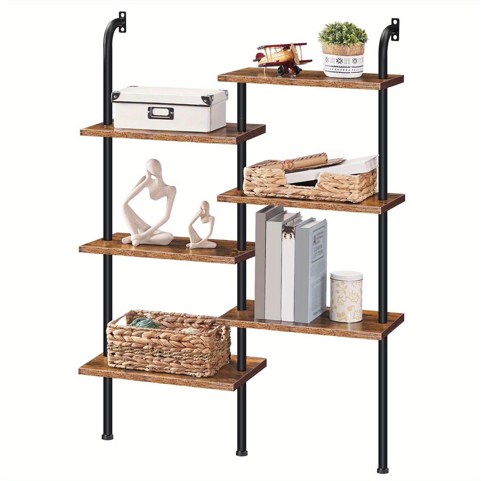 6-Tier Rustic Brown Corner Bookshelf - Space-Saving L-Shaped Wall Mount, Anti-Tip Metal Frame with Wooden Shelves for Living Room, Balcony, Study - Ideal for Decorative Displays and Organizing Books, Decorative Bookshelf | Op