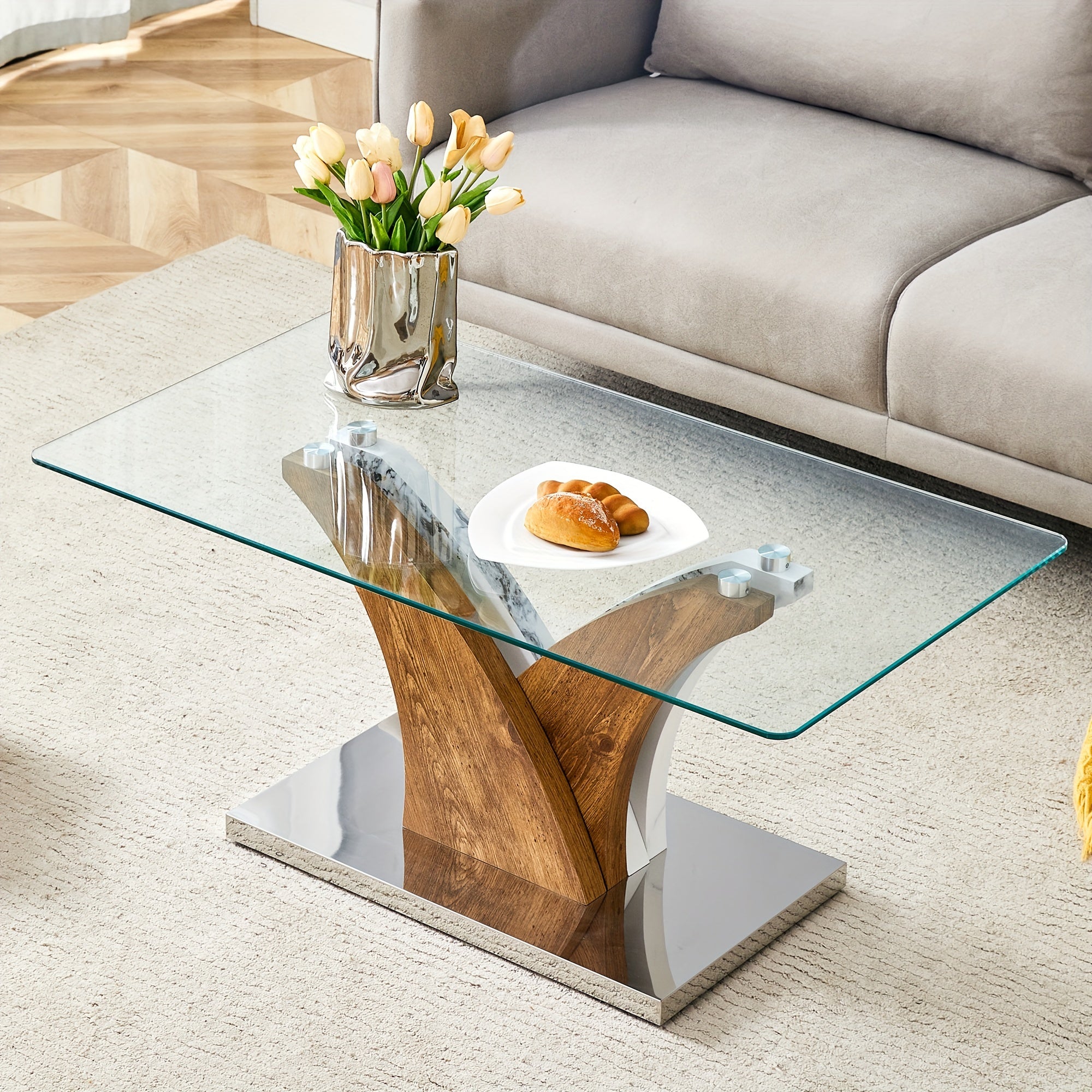 Rectangular Coffee Table With Tempered Glass Countertop, Stylish Tea Table With Round Table Corners And Artistic MDF Legs, Easy To Clean And Scratch Prevention, Perfect For Hosting Dinners, Conferences, Home, Living Room And