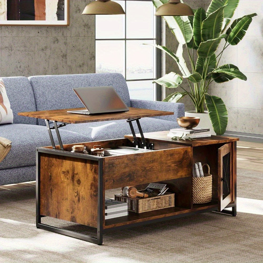 1pc Lift Top Coffee Table with Storage Cabinet, Wood Coffee Table for Living Room, Retro Center Table with Lifting Top, Hidden Compartment And Open Shelf for Home, Office