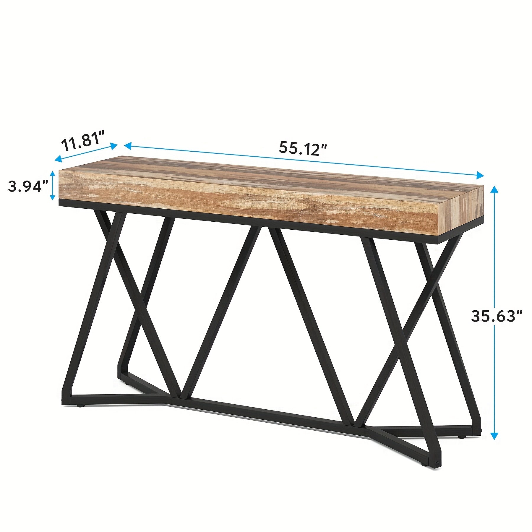 140 cm Farmhouse Industrial Entryway Table with Metal Base, Wood Console Sofa Table for Living Room, Hallway, Entrance - Black Frame with Brown Top, Under 90.7 L Storage Capacity, Over 68.6 cm Height