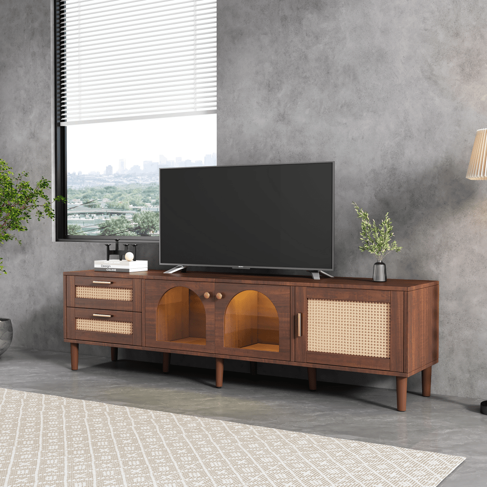 Rattan TV Cabinet with 3 Cabinets and 2 Drawers, Rattan Style Media Console Table, Suitable for TVs up to 80 Inches, TV Cabinet for Living Room, Bedroom, Home Theater