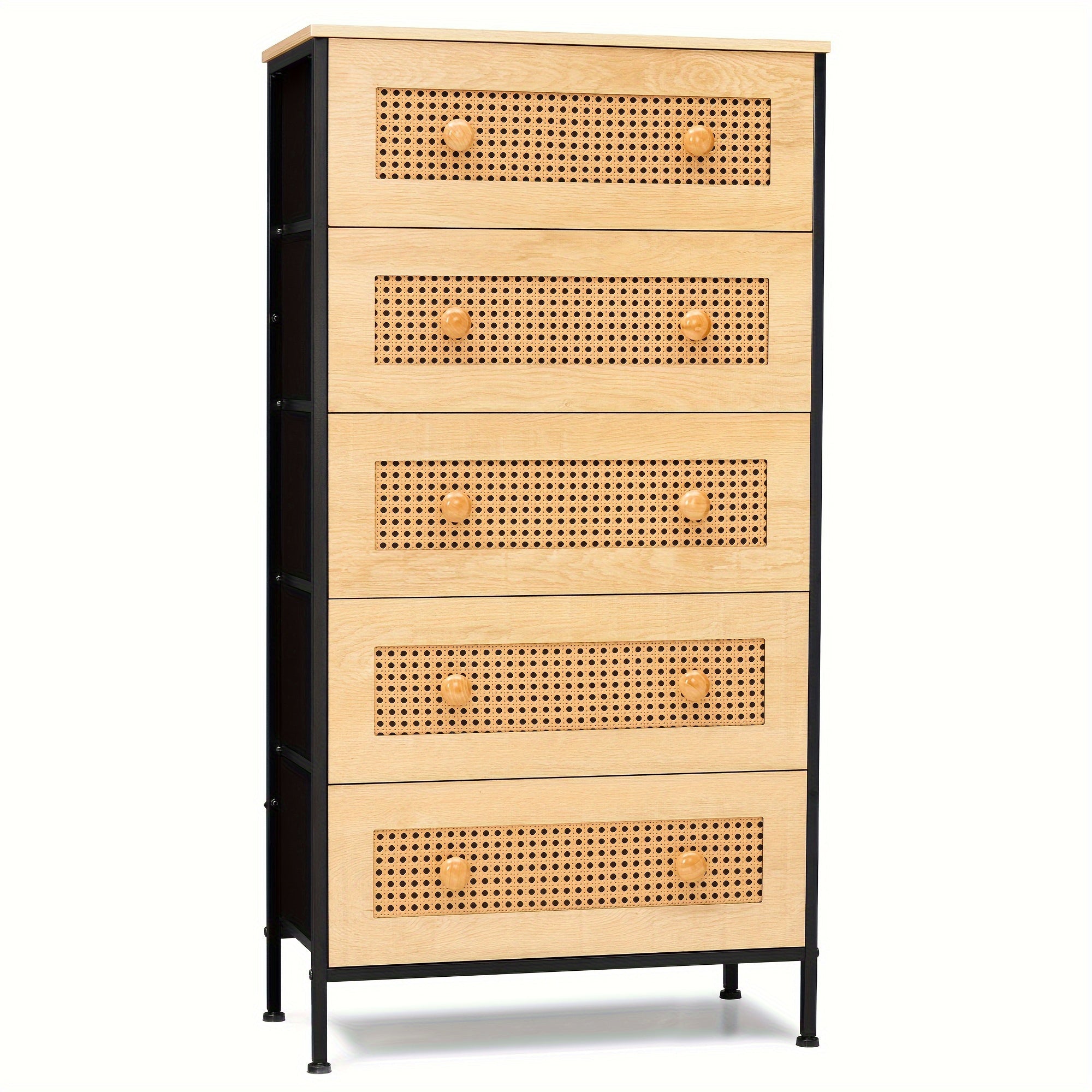 Rattan Dresser Storage Tower, Tall Fabric Dresser, Chests of Drawers, Wood Top &Wood Handles - Organizer Unit for Bedroom, Hallway, Entryway, Closets - 5 Drawers