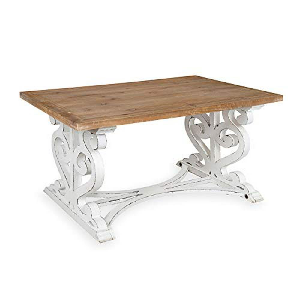 Rustic Carved Coffee Table 96cm Distressed Brown and White Farmhouse- Inspired Living Room Decor