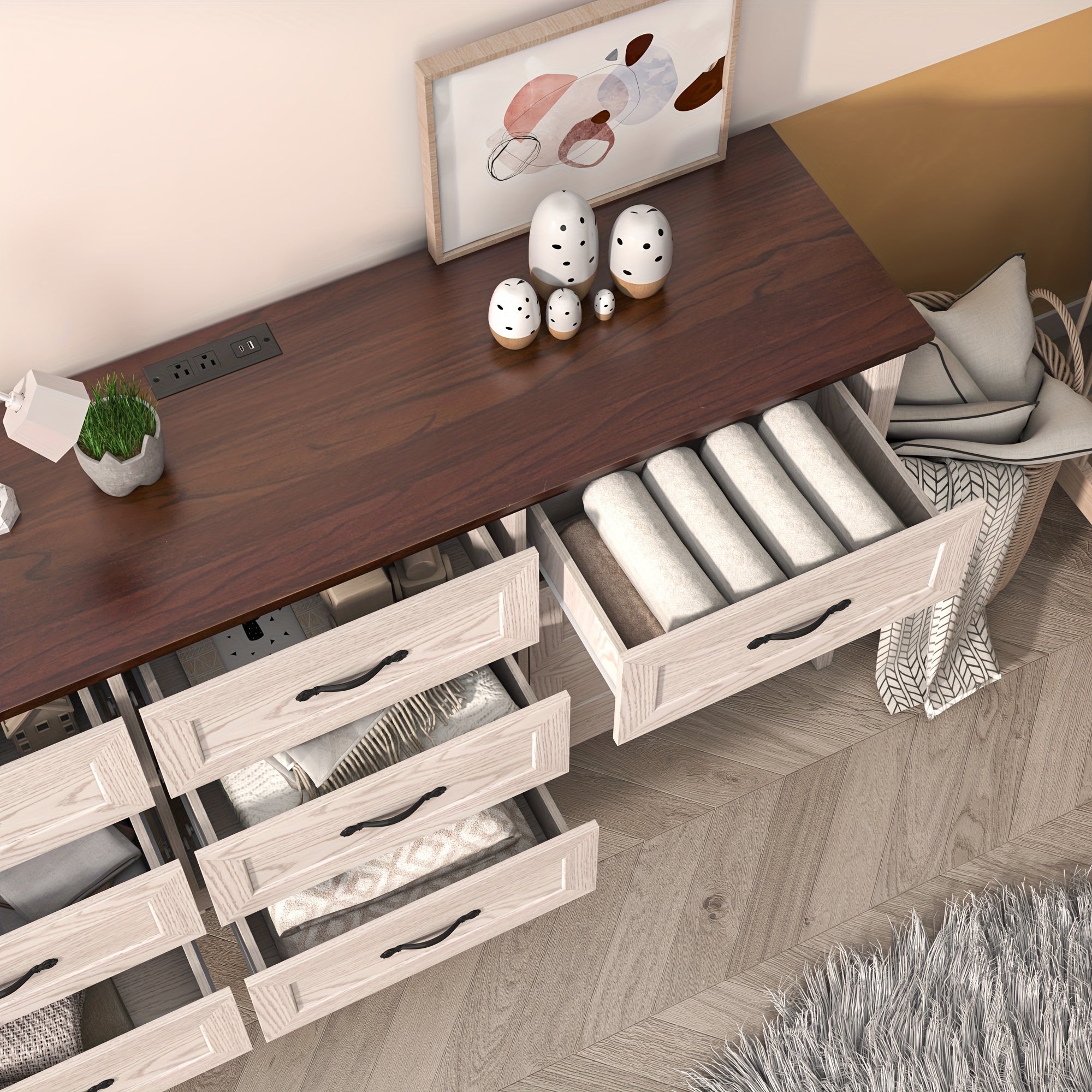 160cm Wood 9 Drawers Dresser For Bedroom, Wide Chest Of Drawers, Storage Double Dressers Organizer For Bedroom, Living Room