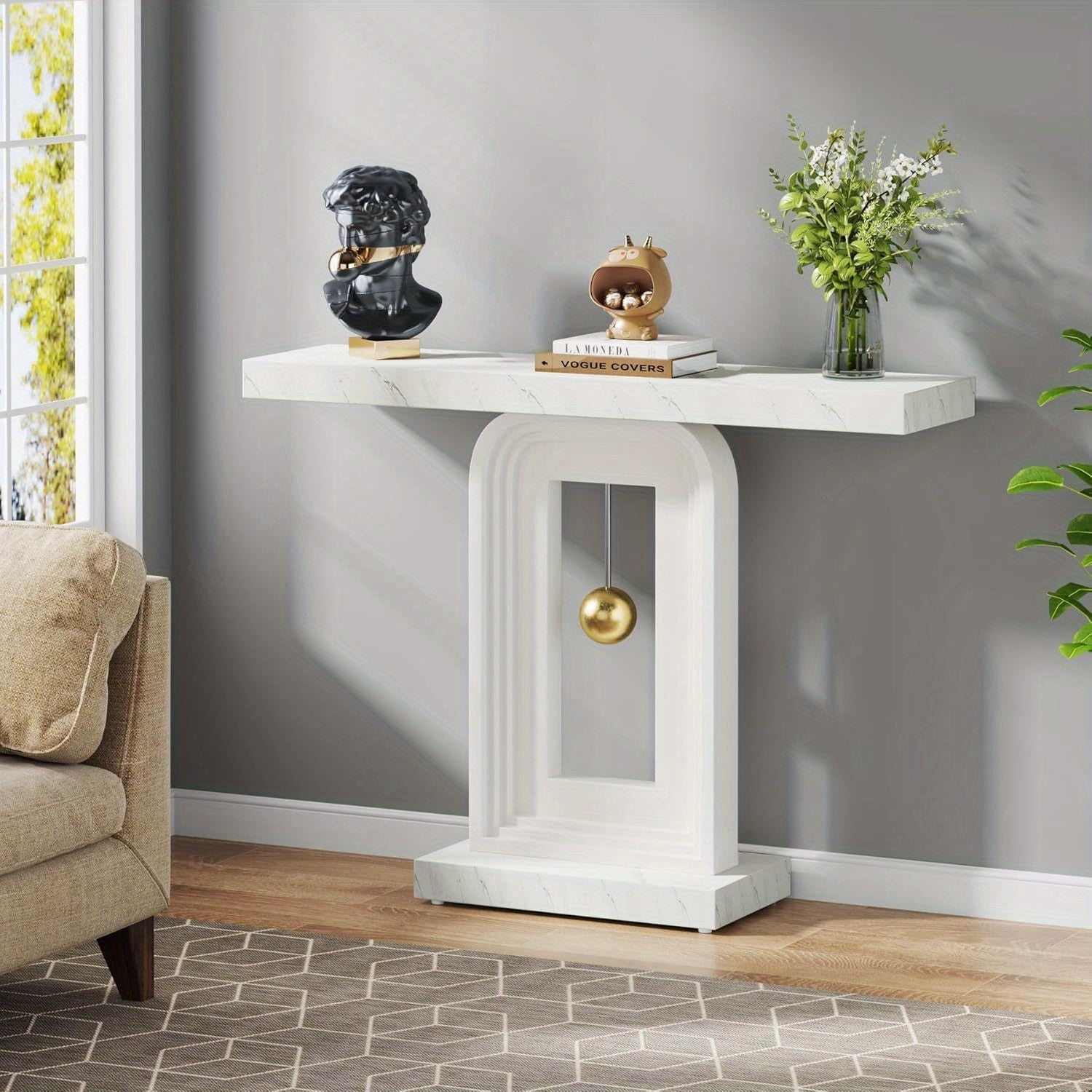 Elegant 102 cm Narrow Console Table with Geometric Pendulum Base - Faux Marble Top, Waterproof, Ideal for Living Room, Hallway, Entryway - Chic White & Golden Accent Table for Decorative Ornaments Display, Box, Cabinet, Rack