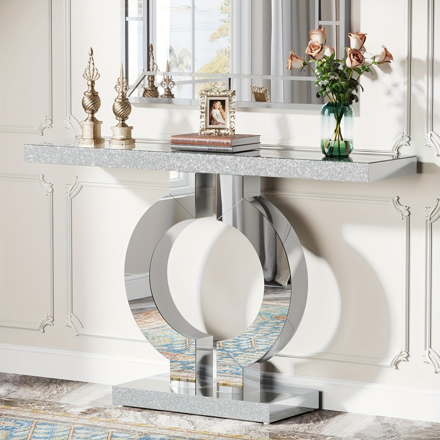 109.22 cm Mirrored Entryway Console Table with O-shape, Modern Slim Silvery Glass Sofa Table for Foyers or Living Rooms