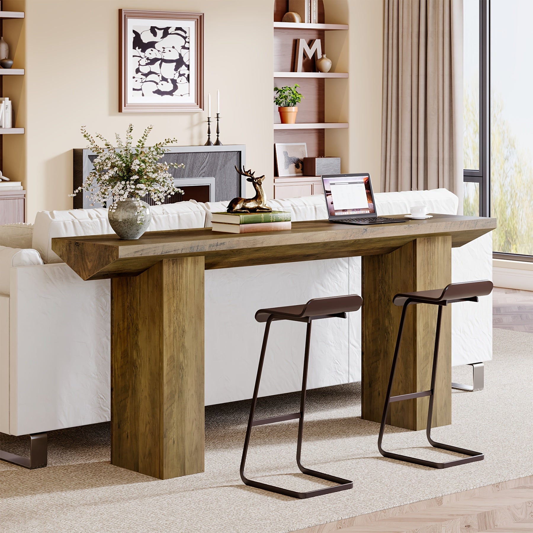 Chic Farmhouse Console Table - 160 cm Long, Stain-Resistant MDF Wooden Desk with Unique Inverted Triangle Design for Office, Entryway, or Living Room Decor