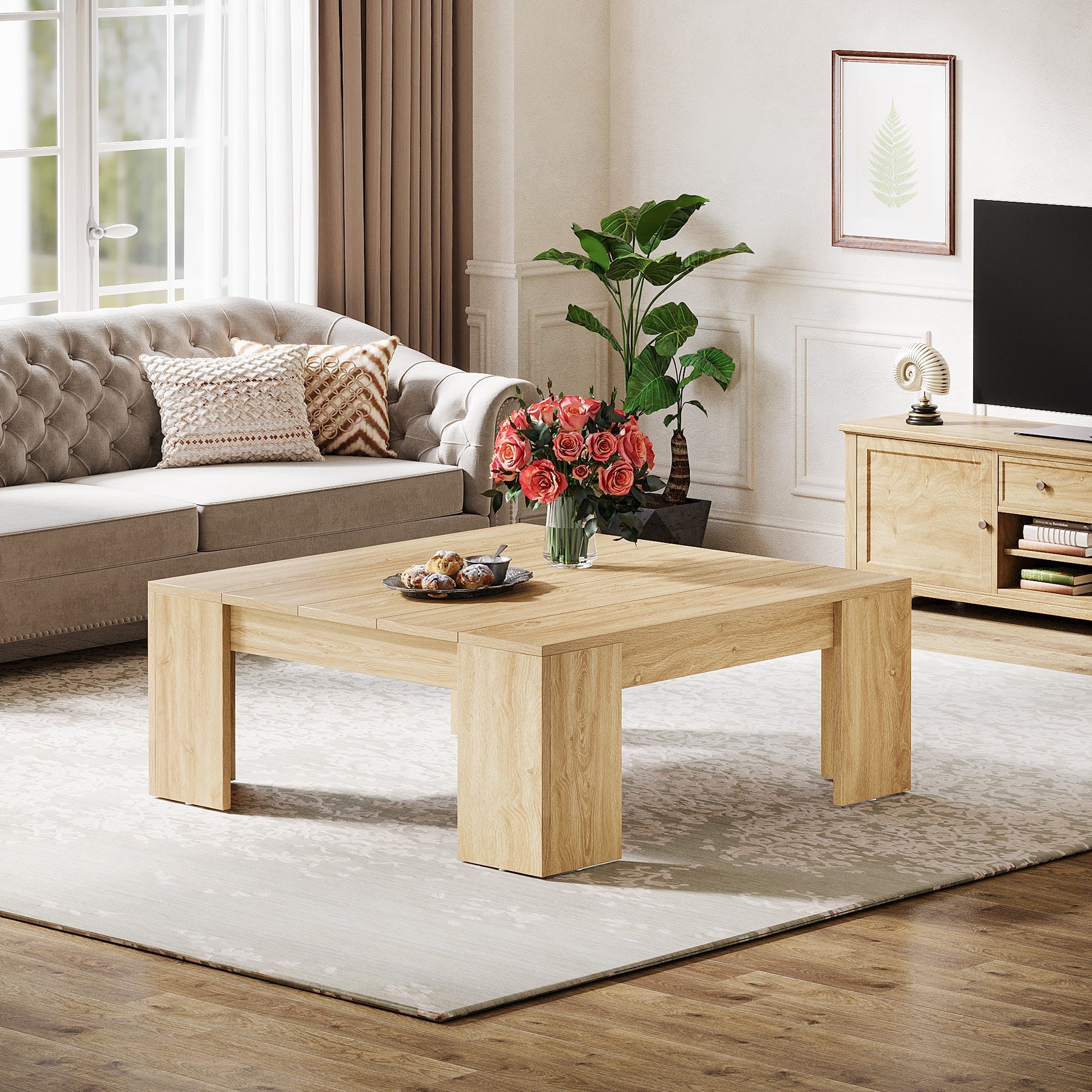 98.5 cm Square Coffee Table, Wood Center Table Snack Table