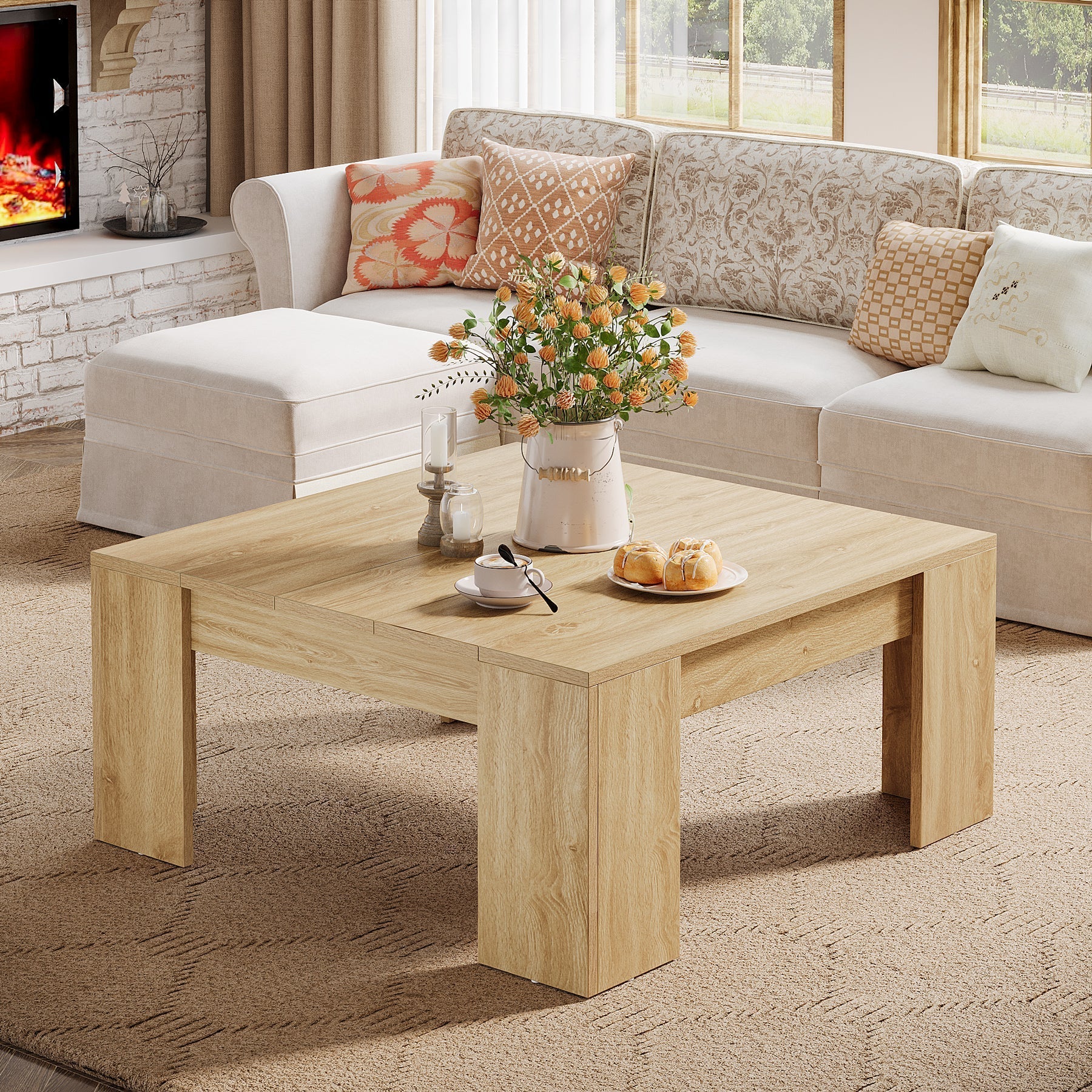 98.5 cm Square Coffee Table, Wood Center Table Snack Table