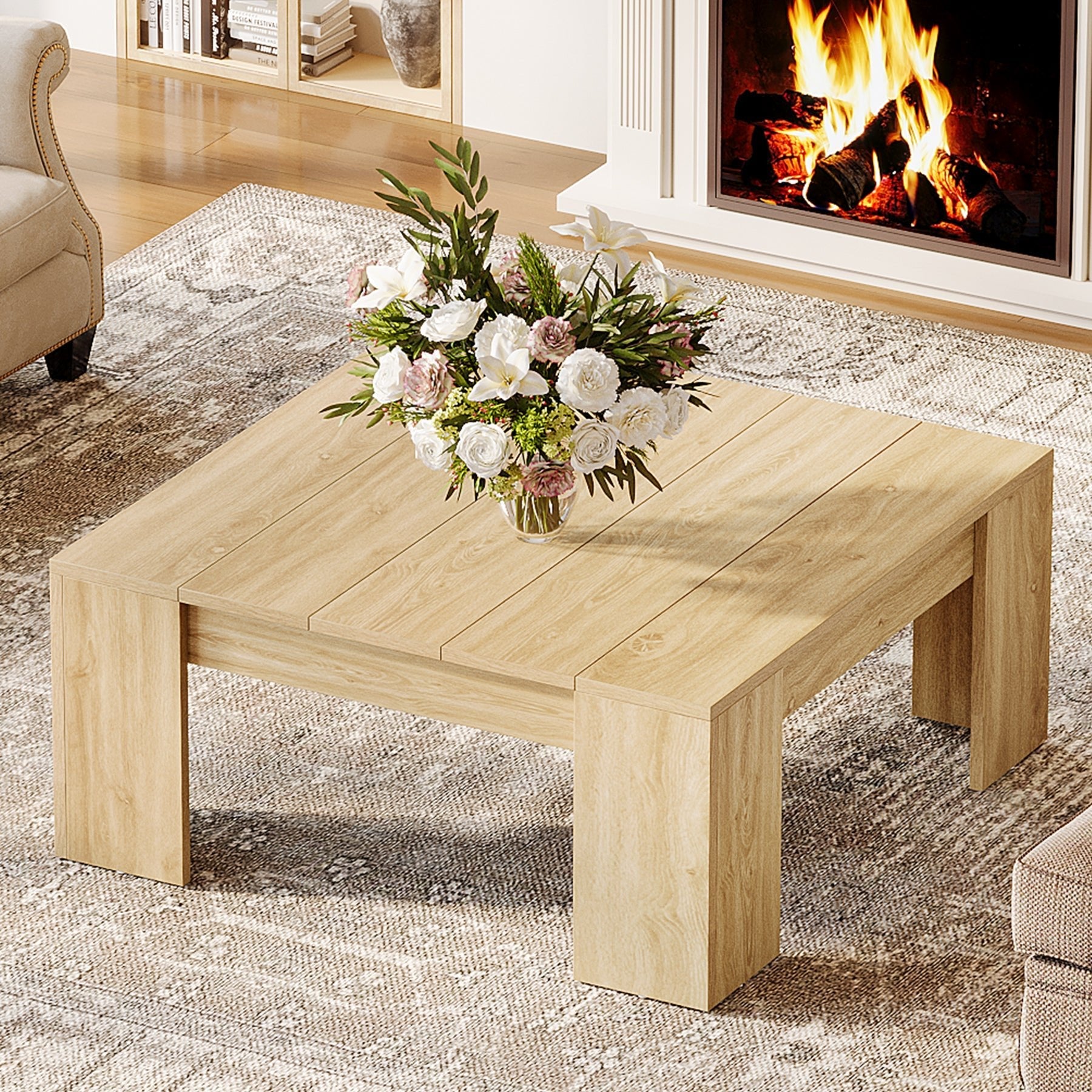 98.5 cm Square Coffee Table, Wood Center Table Snack Table