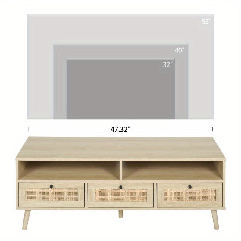 Rattan TV Stand with Solid Wood Feet, TV Console Table for Living Room, Natural