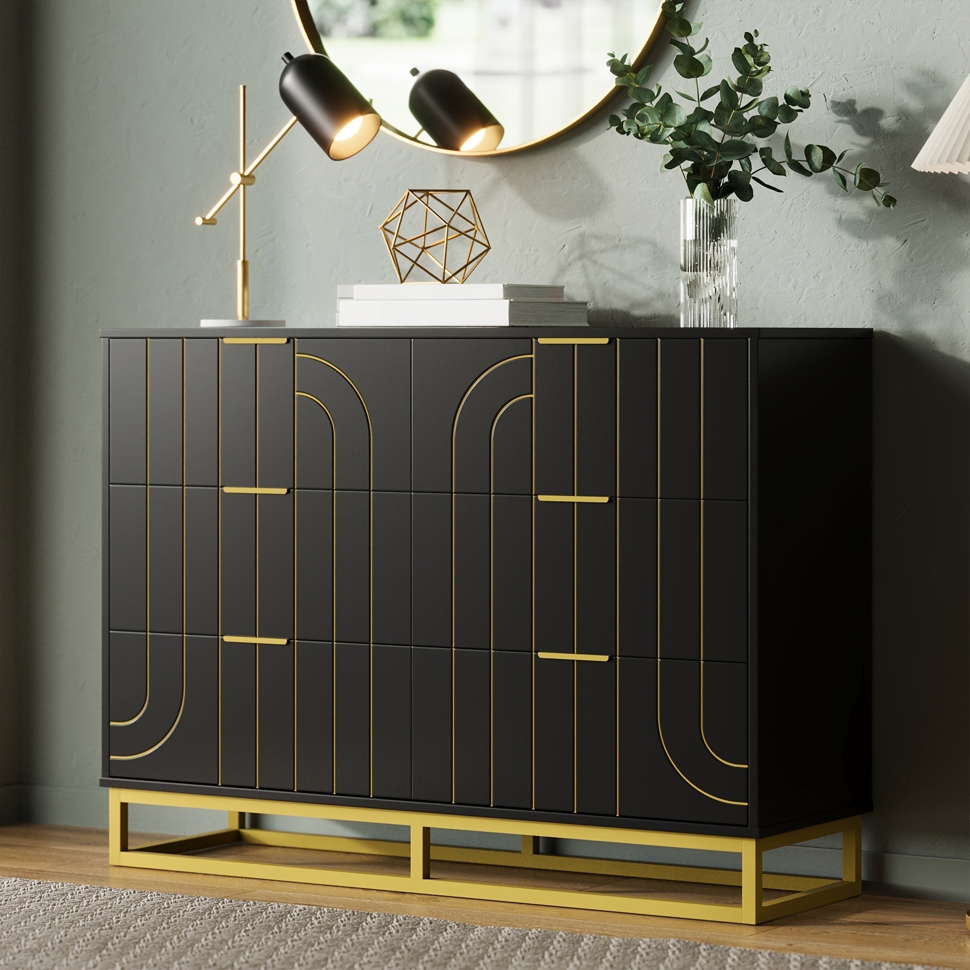 Elegant 122cm Dark Blue & Golden Modern Wooden Dresser - Versatile File Storage Cabinet with 6 Drawers, Easy Assembly, Durable Construction for Bedroom, Living Room & Office - Ideal Housewarming Gift for Home Decor Enthusiasts,