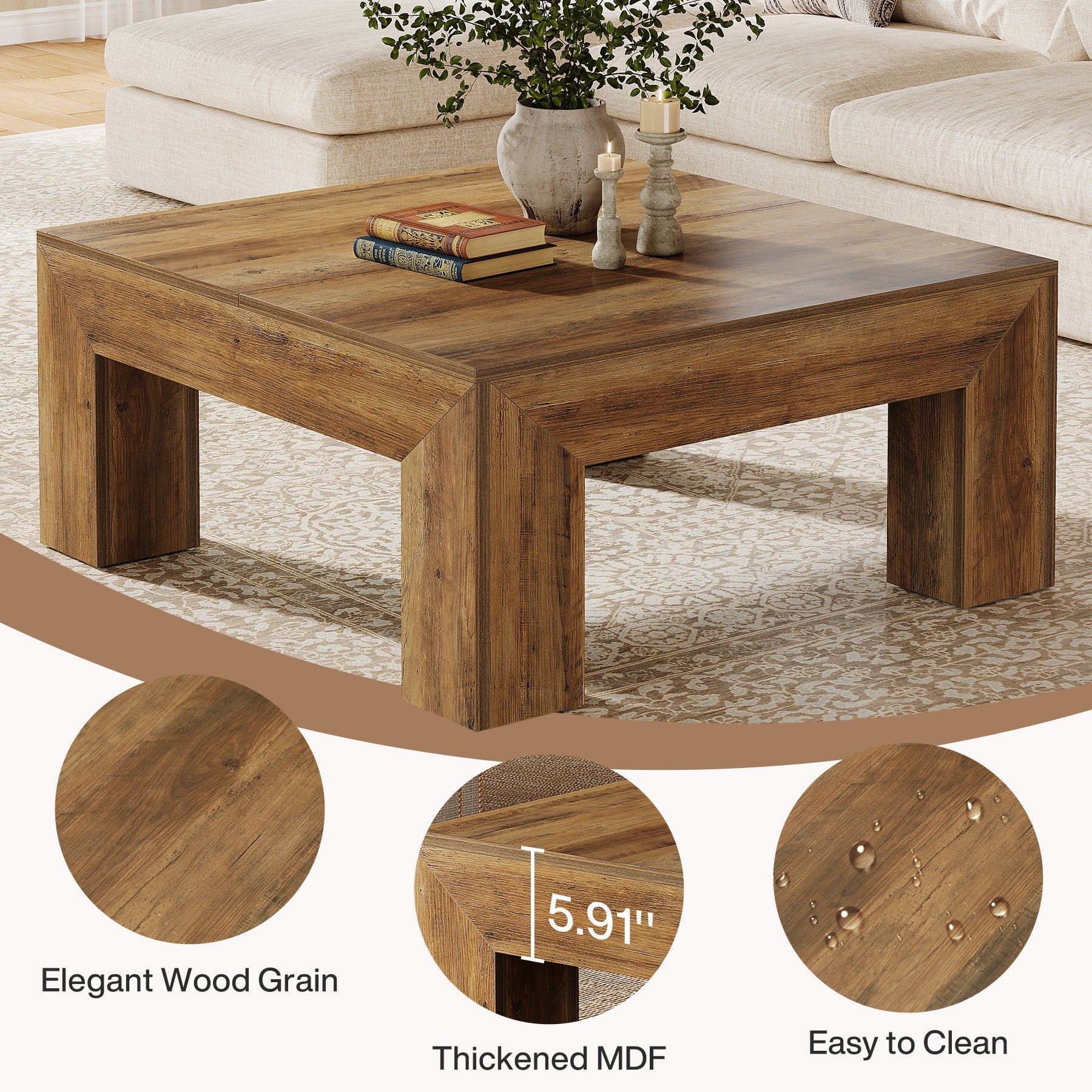 99 cm Coffee Table, Farmhouse Square Accent Center Cocktail Table