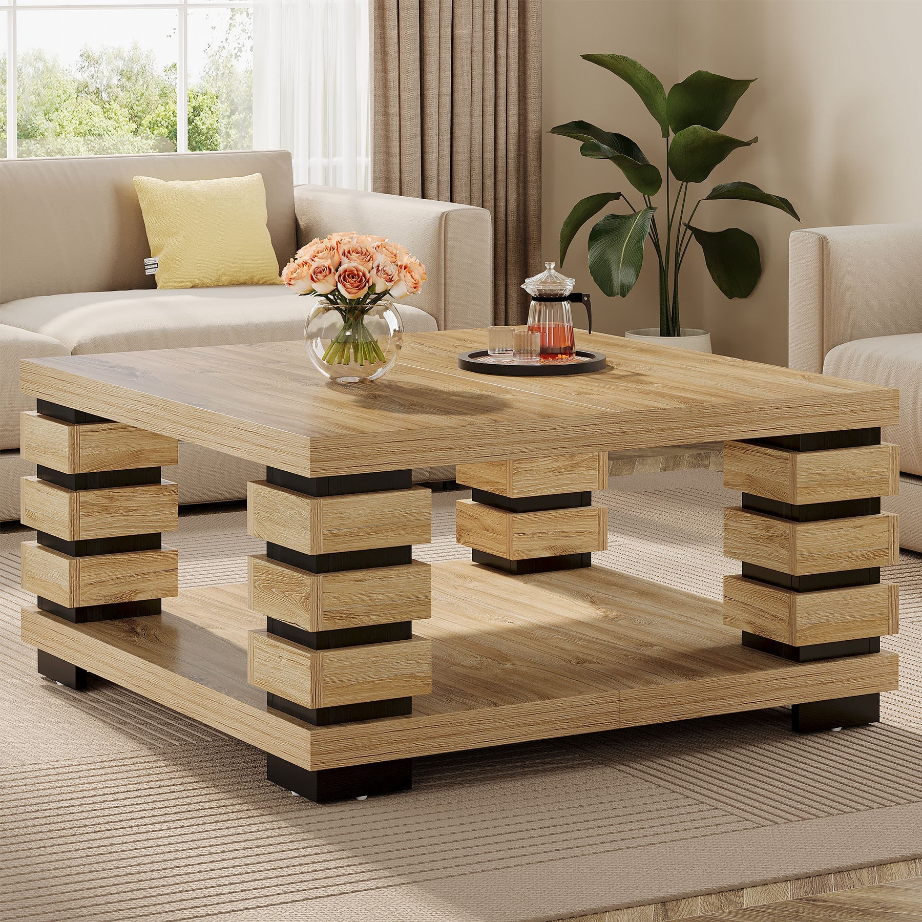 99 cm Coffee Table, Square 2-Tier Center Table Tea Table with Storage Shelf