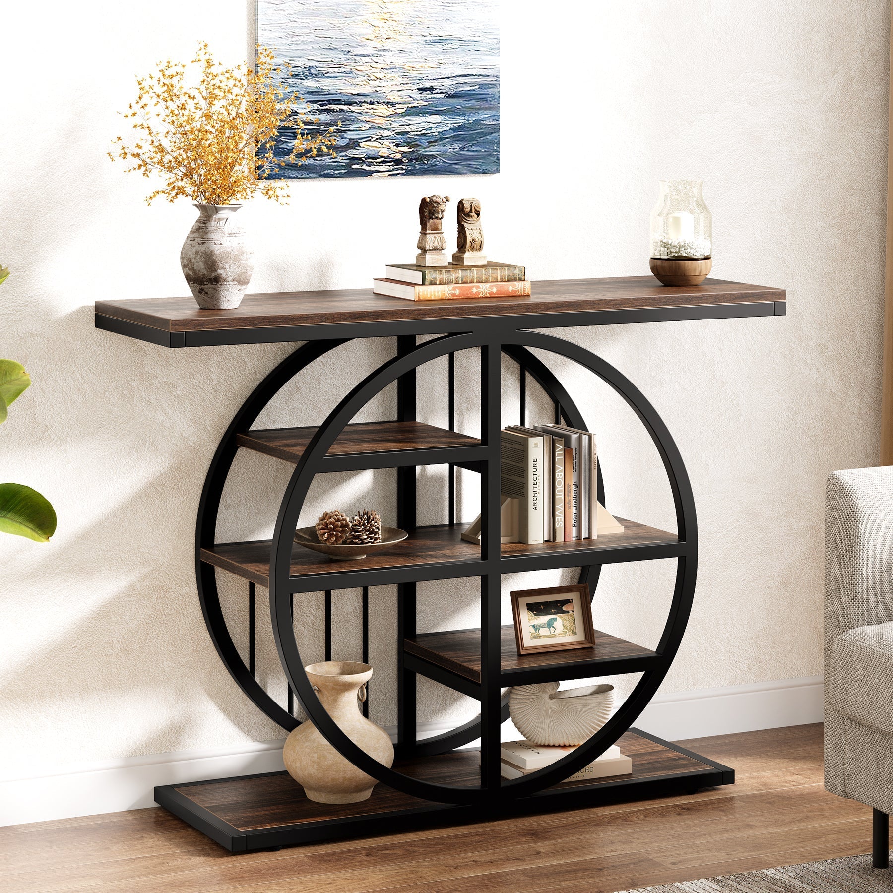 99 cm Console Table, 5-Tier Entryway Table Sofa Table with Circle Base