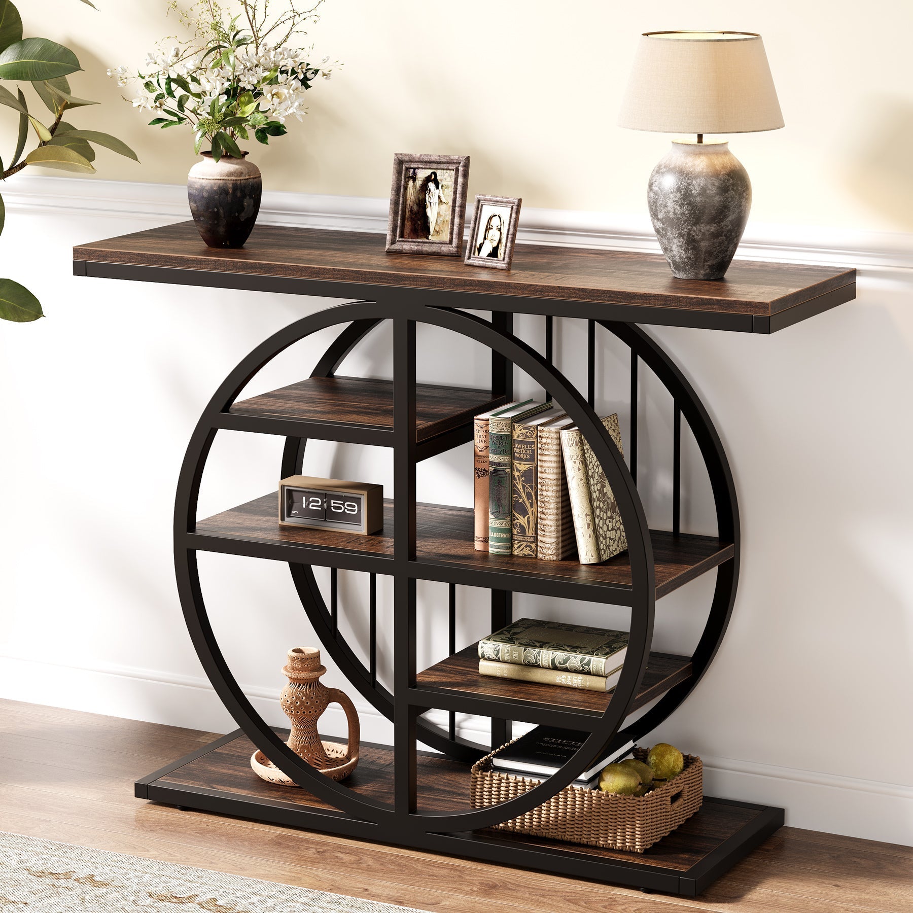 99 cm Console Table, 5-Tier Entryway Table Sofa Table with Circle Base