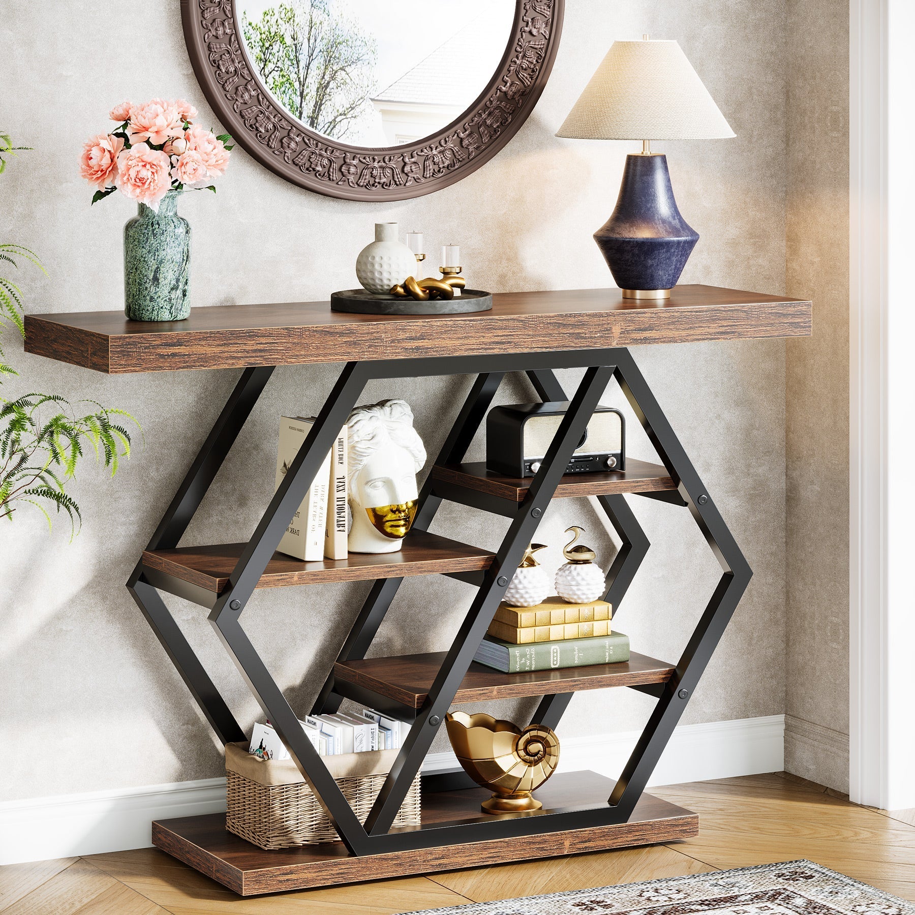 99 cm Console Table, 5-Tier Sofa Table Entryway Table with Geometric Base