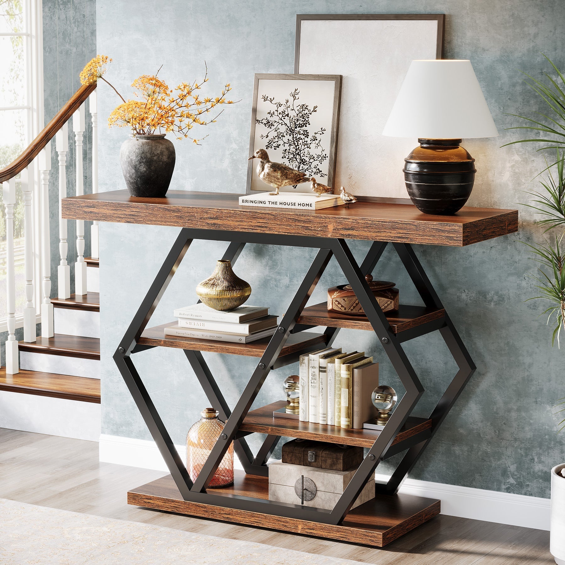 99 cm Console Table, 5-Tier Sofa Table Entryway Table with Geometric Base