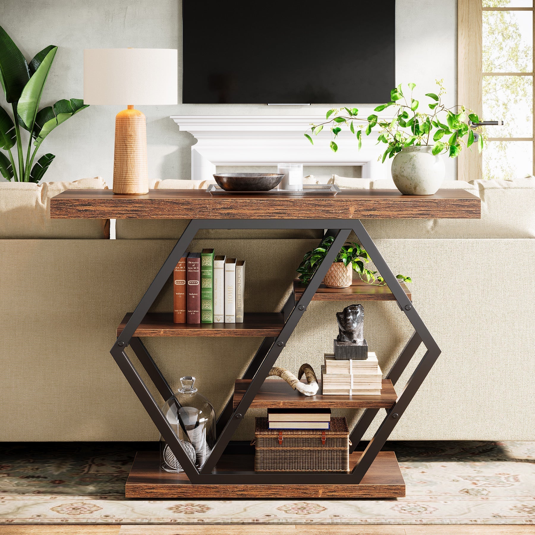 99 cm Console Table, 5-Tier Sofa Table Entryway Table with Geometric Base