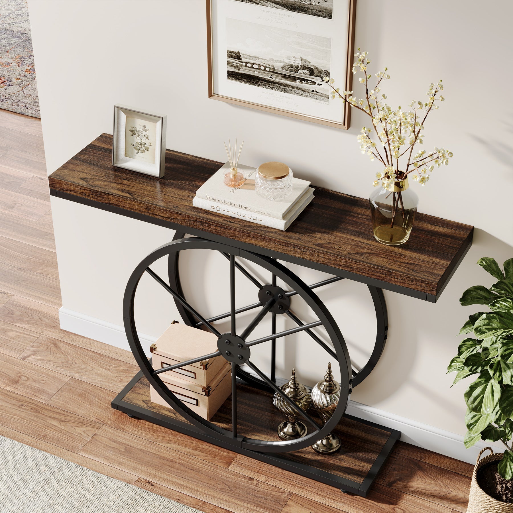 99 cm Console Table, Rustic Foyer Table Sofa Table with Unique Frame