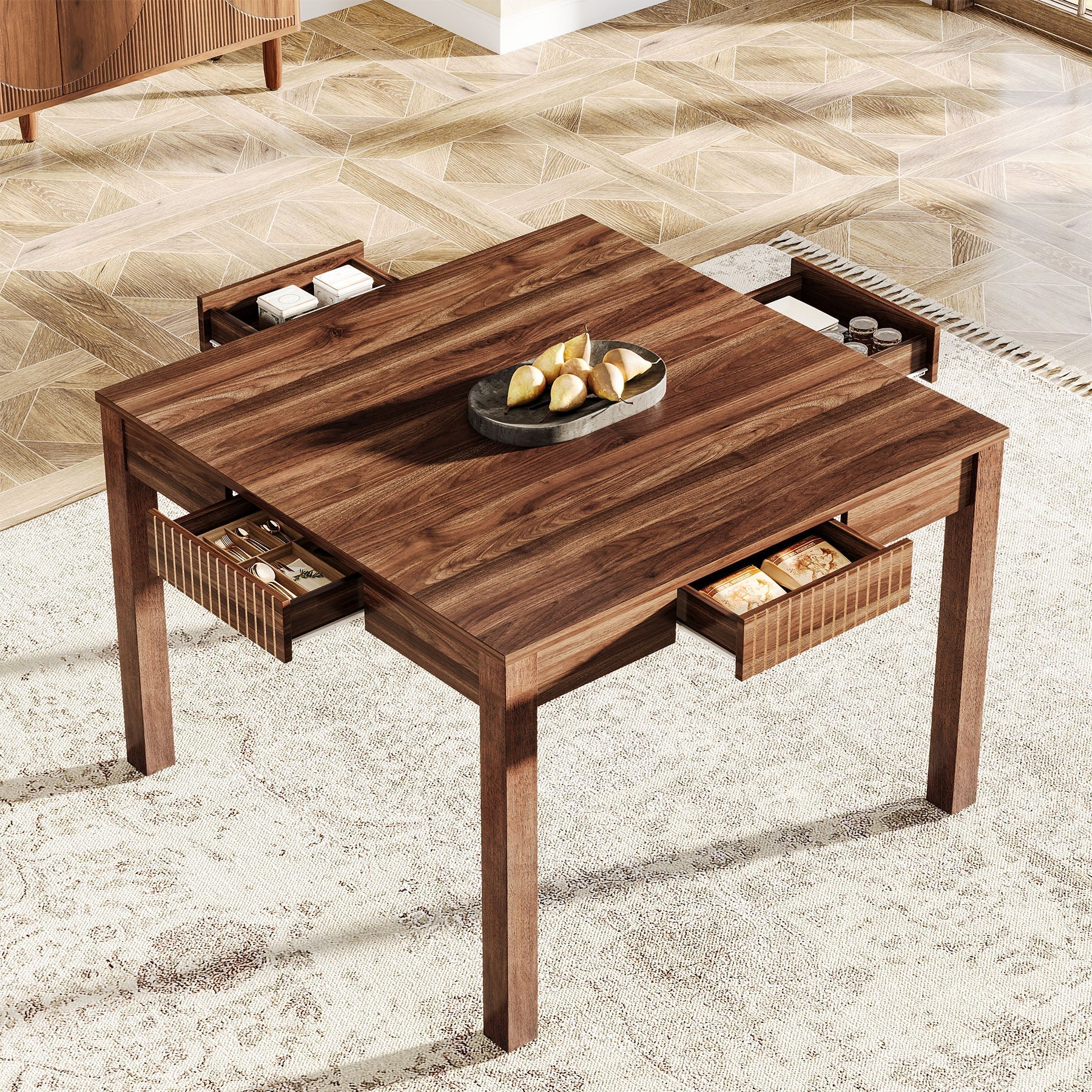 99 cm Dining Table, Square Kitchen Table Writing Table with 4 Drawers