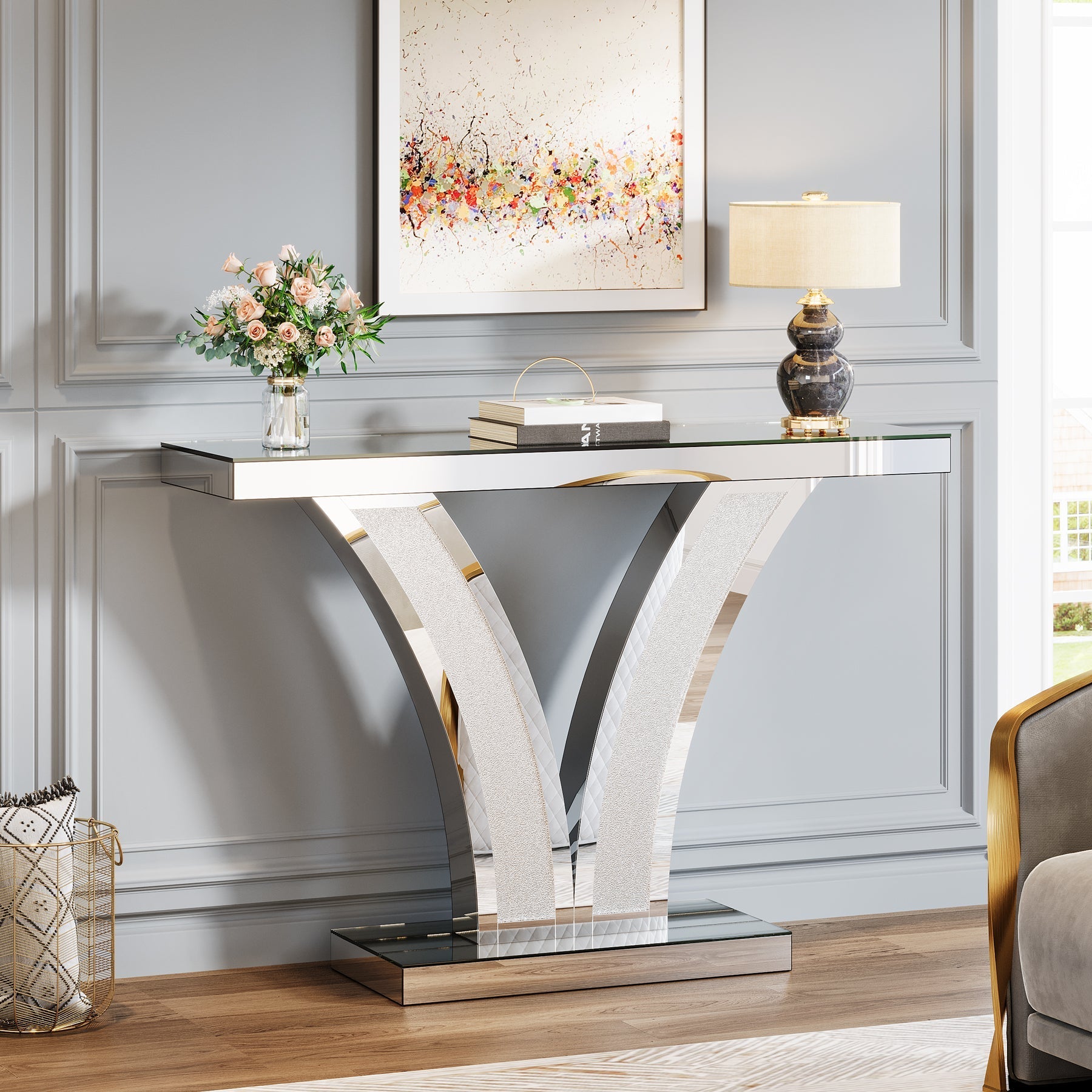 99 cm Mirrored Console Table, Modern Silver Entryway Table