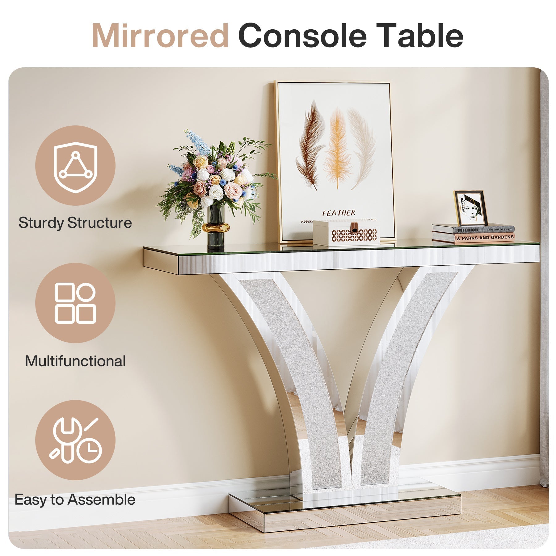 99 cm Mirrored Console Table, Modern Silver Entryway Table