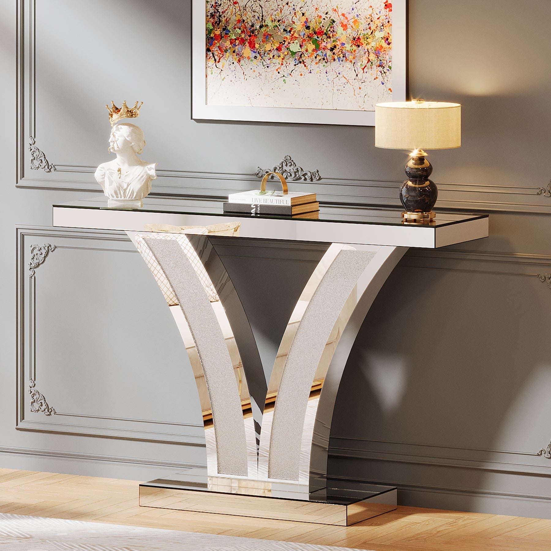 99 cm Mirrored Console Table, Modern Silver Entryway Table