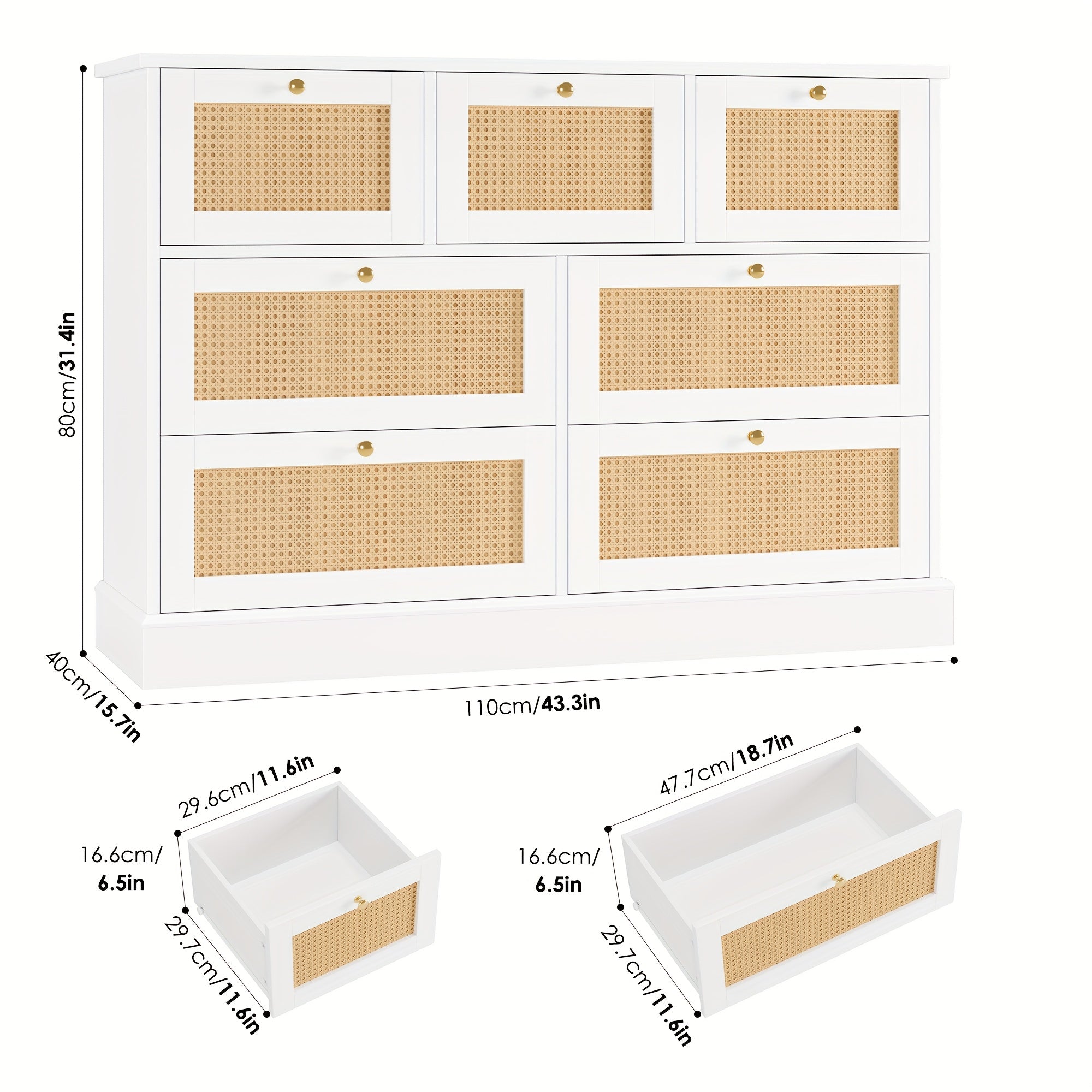 1pc Modern White Rattan Dresser with 7 Drawers - Wall Mount, No Wood, Electricity-Free, Spacious Closed Storage <3.2 Cubic Feet, Sturdy Over 27" Height, Golden Handles, Bedroom Storage Chest