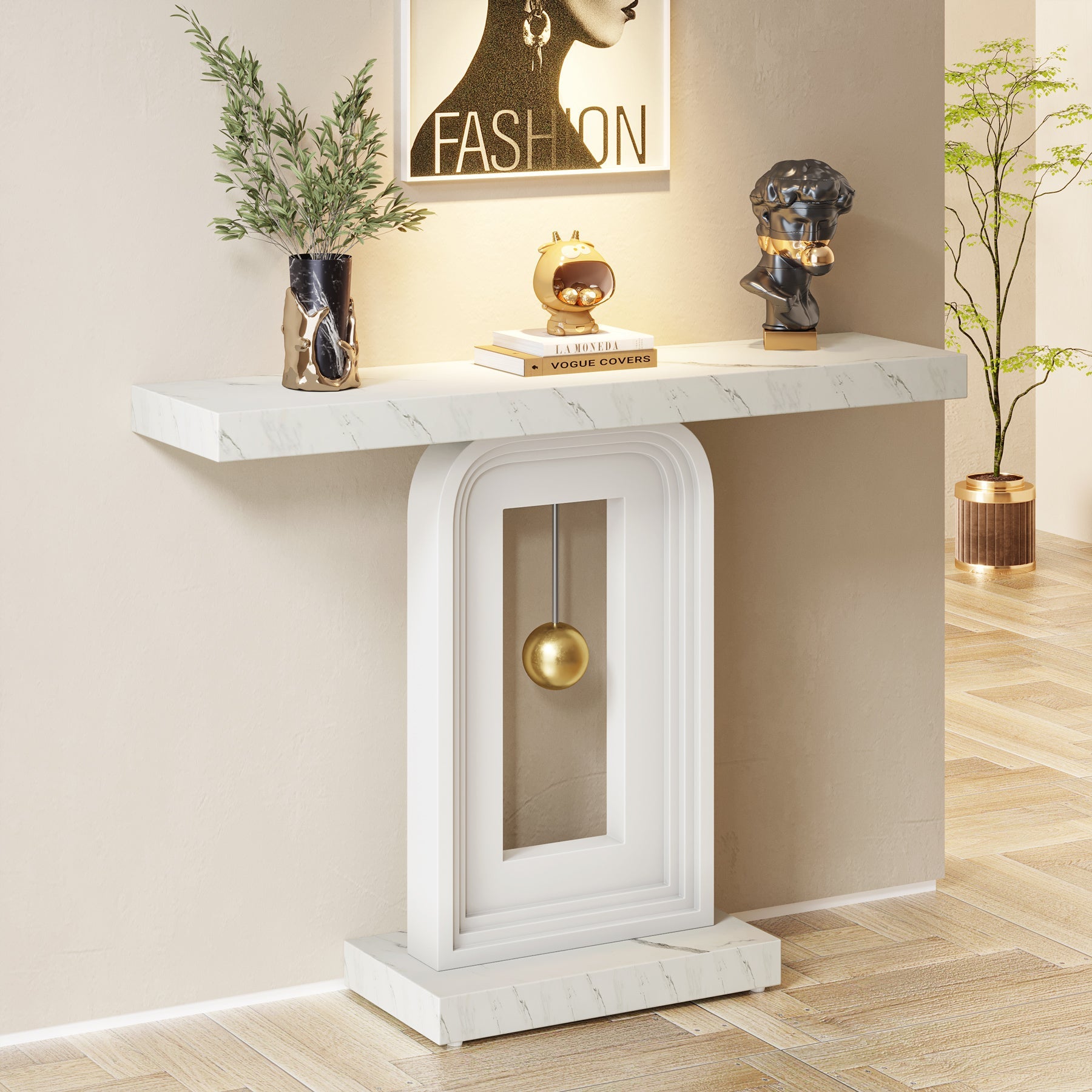 100 cm Console Table, Modern Sofa Entryway Table with Gold Decor