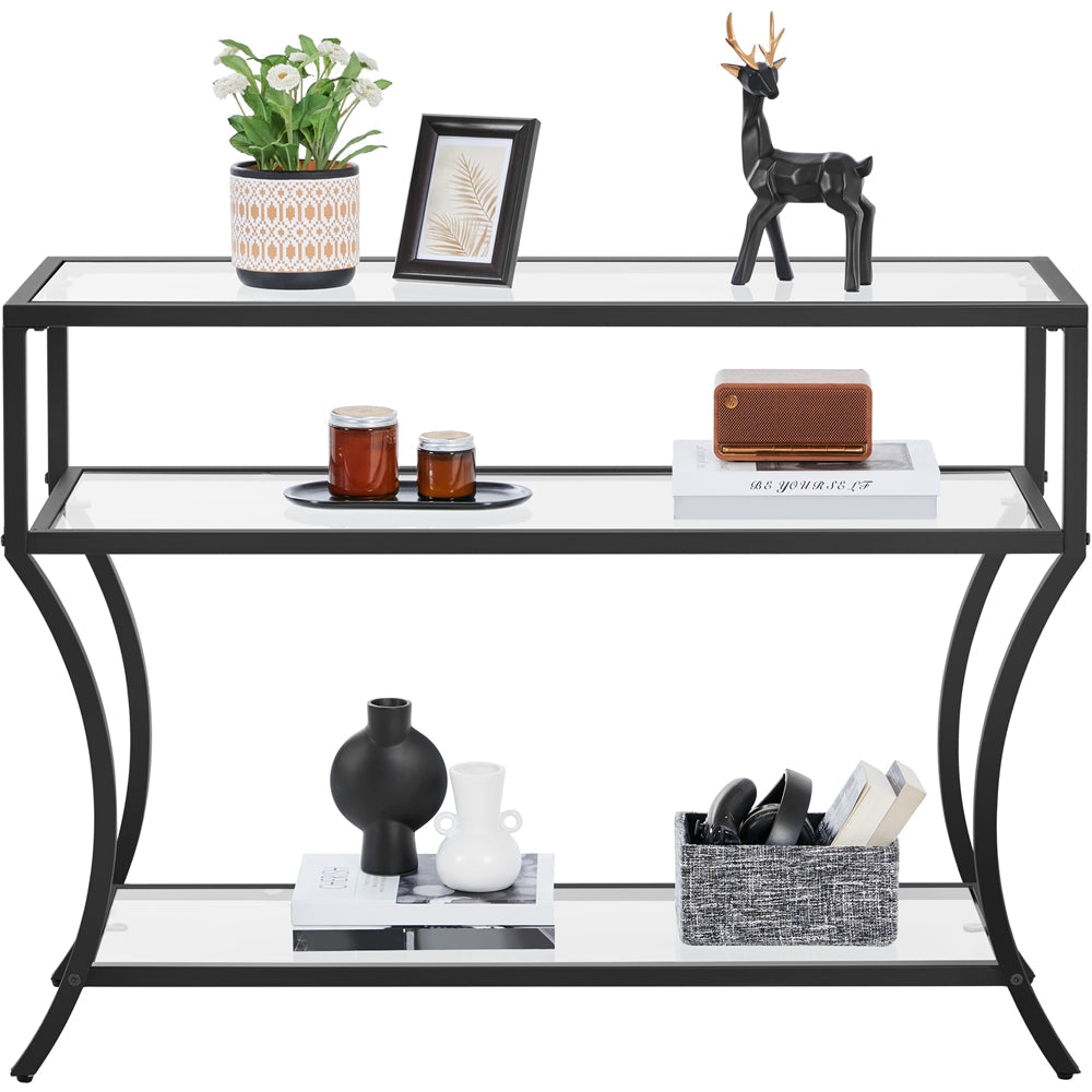 107 cm 3-Tier Tempered Glass Console Table, Modern Glass Sofa Table, Entryway Table with Lower Shelf, Black