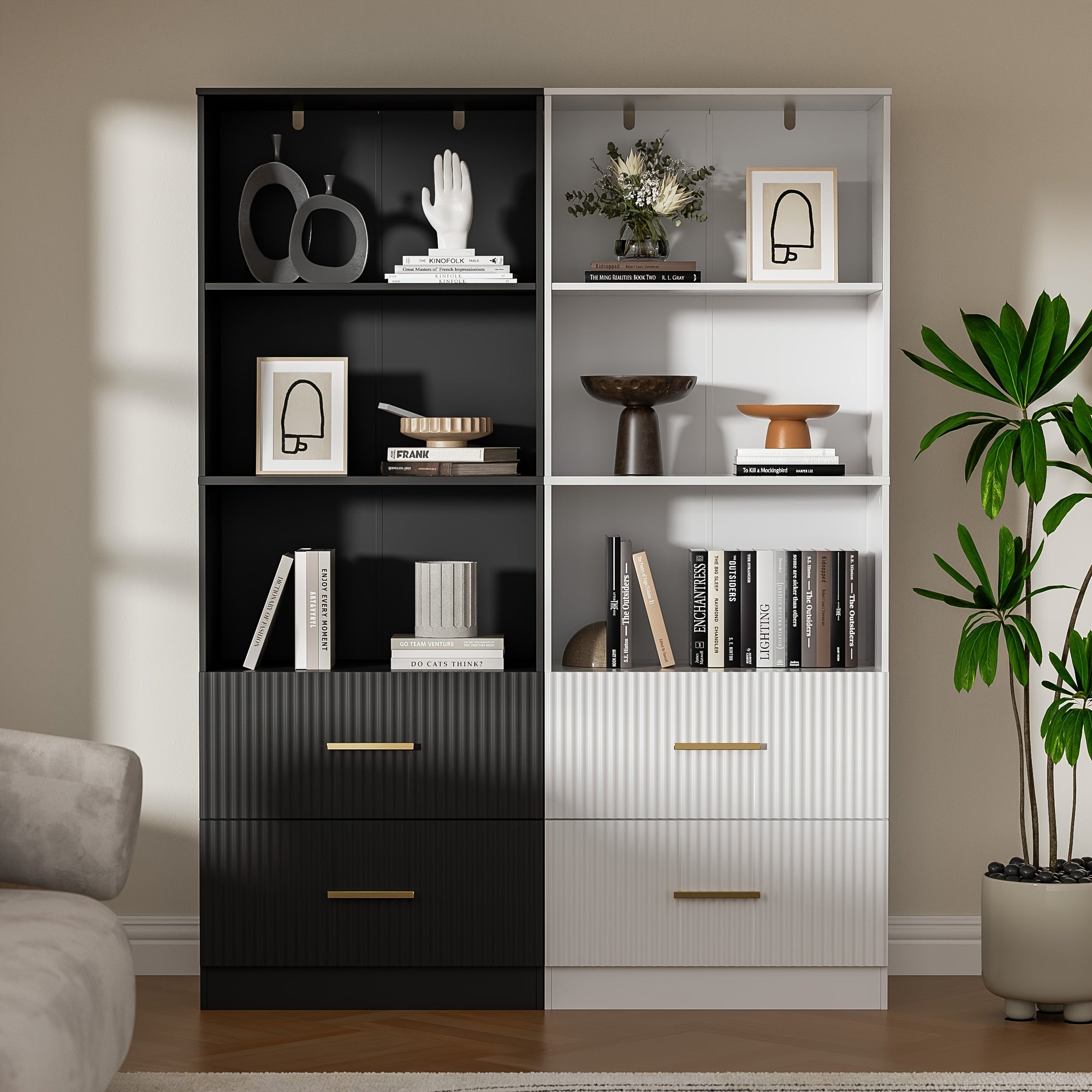 160cm tall bookshelf with 2 drawers, 3-layer modern bookshelf with adjustable shelves, corner open cube shelf, floor display bookshelf, suitable for living room, bedroom, office, white/black/rubber