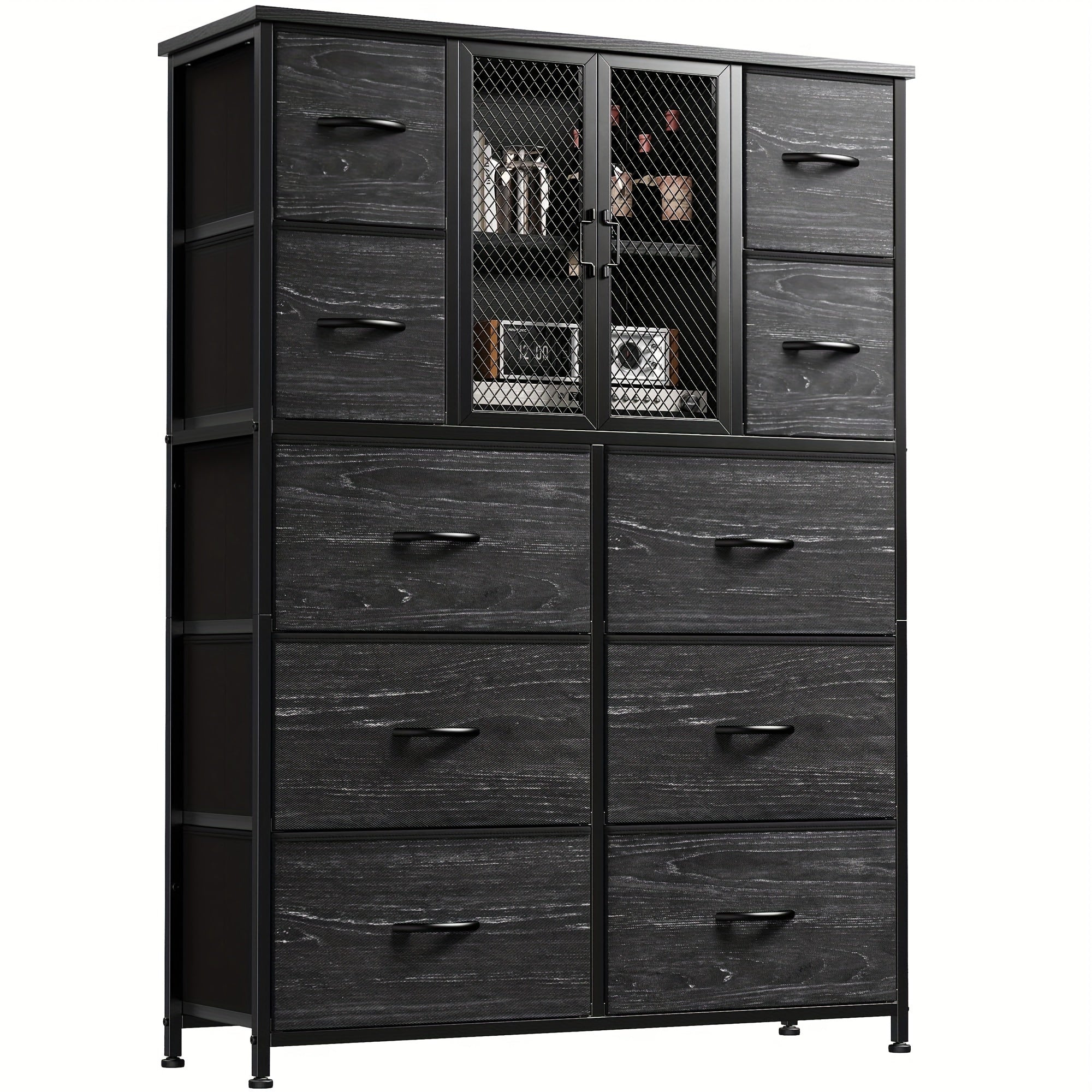 Dresser For Bedroom With Mesh Door Tall Dressers & Chests Of Drawers With 10 Fabric Drawer Morden Dresser Organizer, Metal Frame, Wood Top, For Closet, Entryway, Black 38" Wx11.81 Dx48.1 H