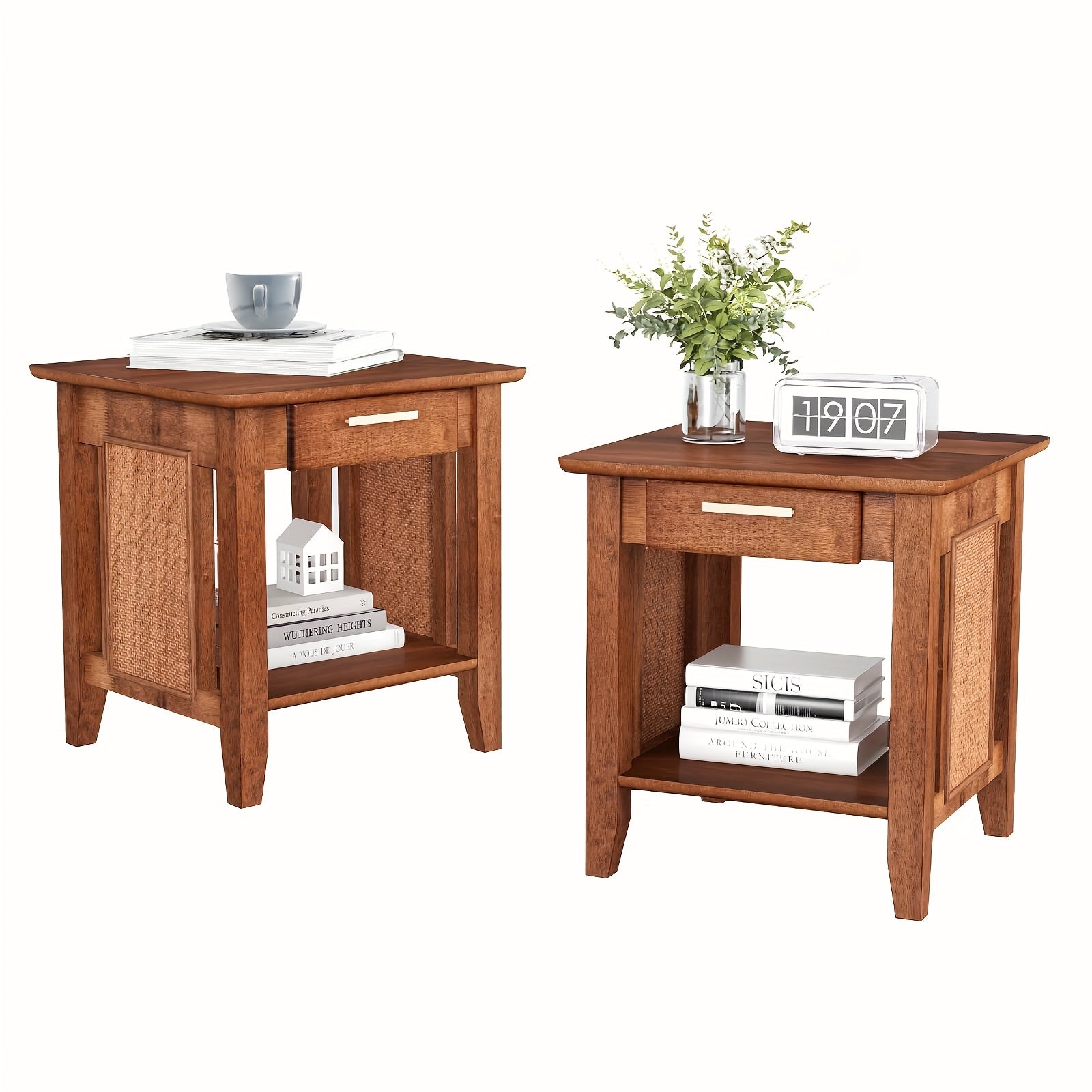 Rattan Nightstand With Drawer, Mid Century End Table With Storage Shelf, Sofa Side Table With Solid Rubber Wood Legs, Square Bedside Table For Bedroom, Small Spaces, Walnut