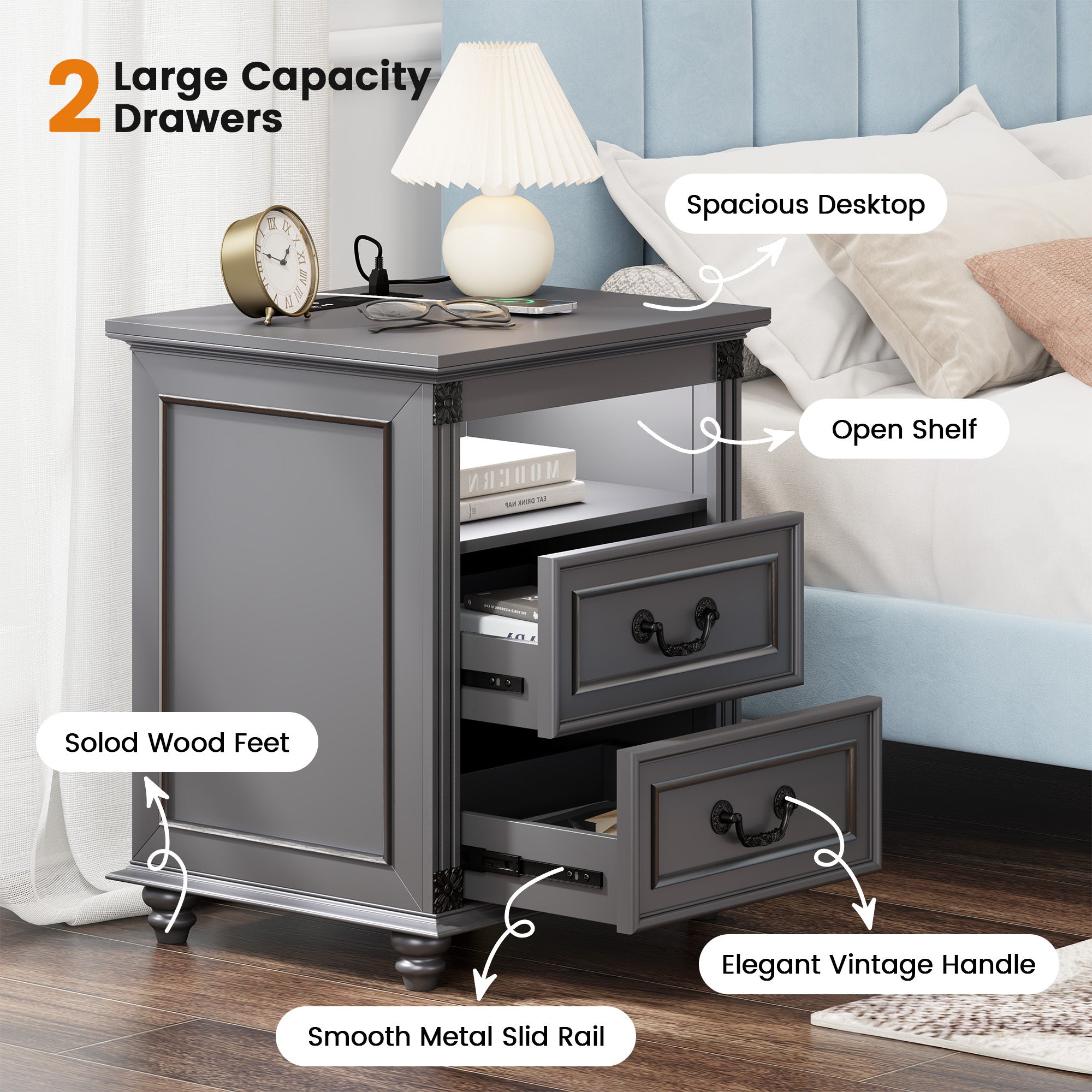 1pc Farmhouse Nightstand with Power Outlets and USB Ports, 2 Drawers and Open Shelf, Solid Wood Feet, Metal Slide Rail, Vintage Handles, for Bedroom/Living Room