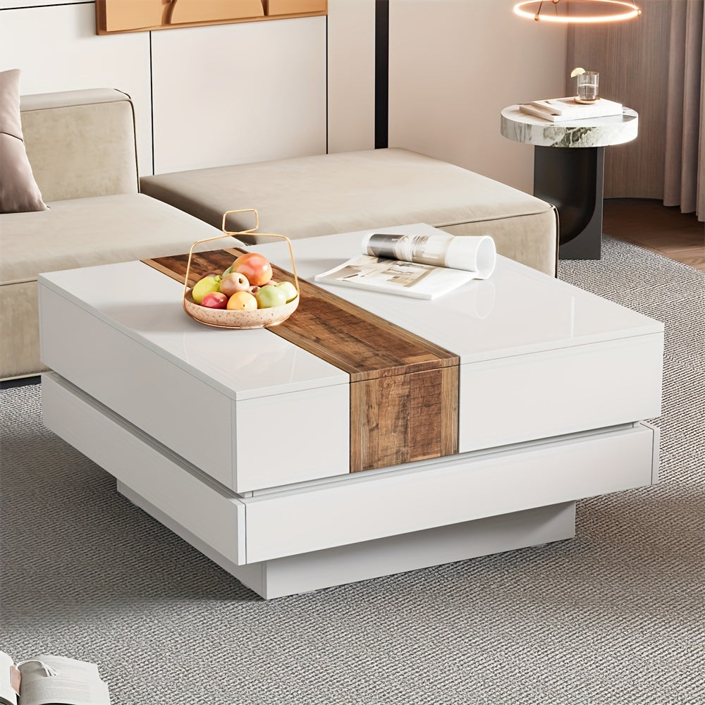 81cm Square Coffee Table With Sliding Tabletop, High Gloss Center Table With Hidden Storage Compartment, Extendable Cocktail Table With Walnut Grain Finish For Living Room