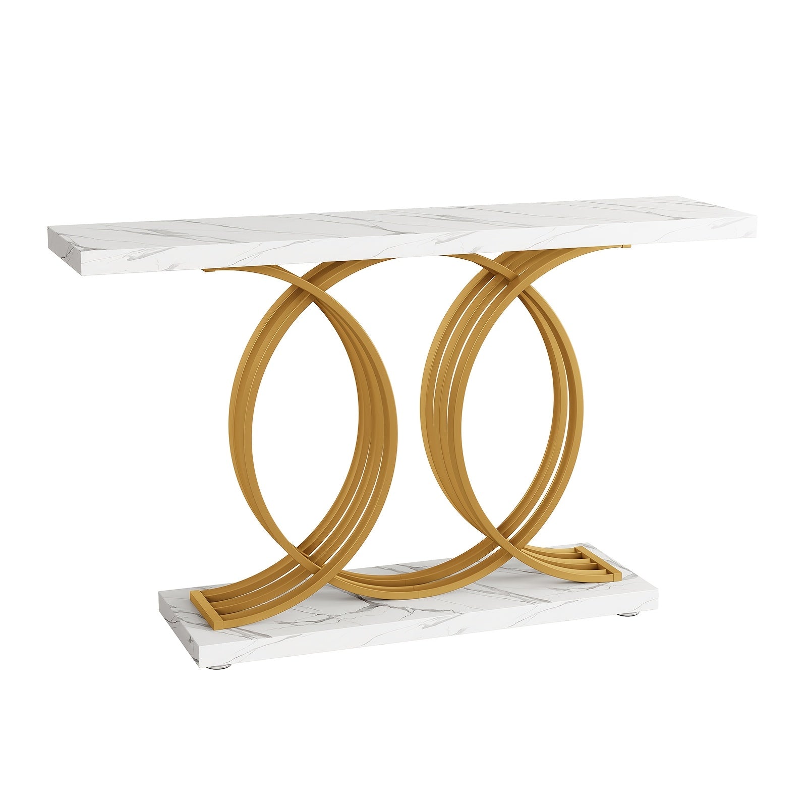 140 cm Console Table For Hallway, Faux Marble Golden Entryway Table With Geometric Metal Base, Modern Narrow Sofa Accent Table For Entrance, Living Room, Foyer (White & Golden)