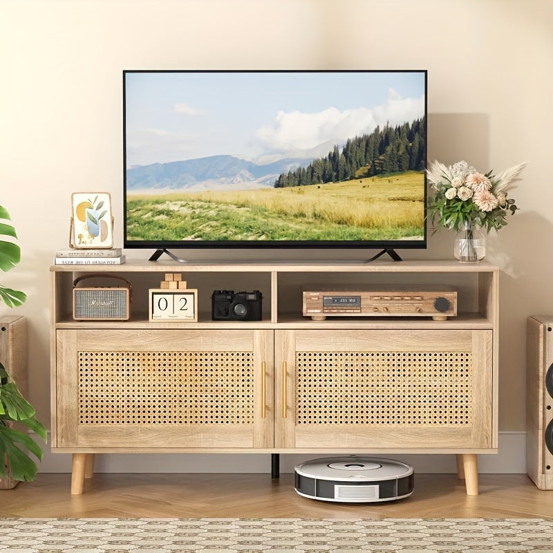 Rattan TV Stand for TVs up to 55", Entertainment Center with Adjustable Shelves, Rattan TV Console with 2 Cabinets, Media Console, for Living Room - Natural Oak