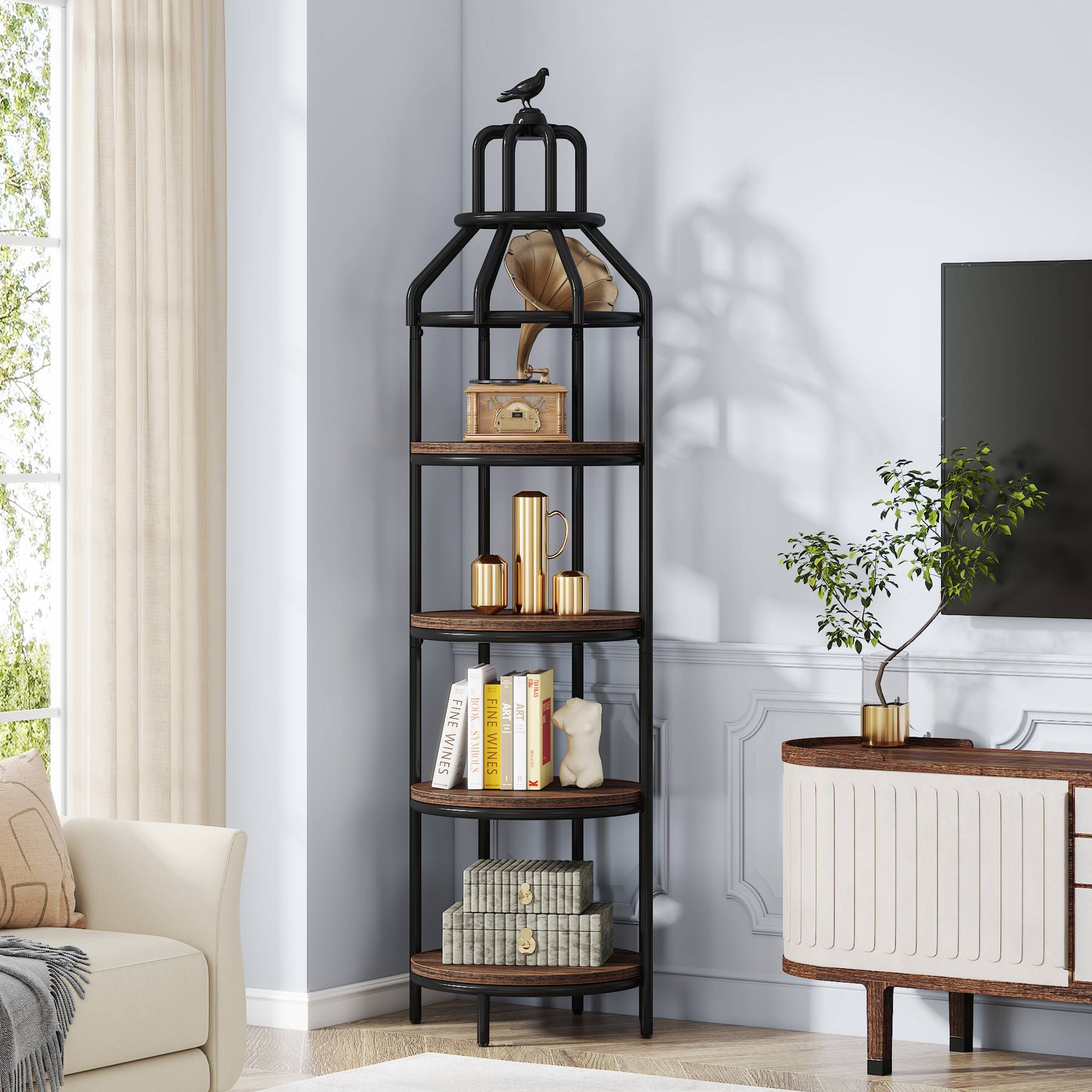 Industrial Bookshelf, 4-Tier Etagere Bookcase with Bird Cage Design (cm)