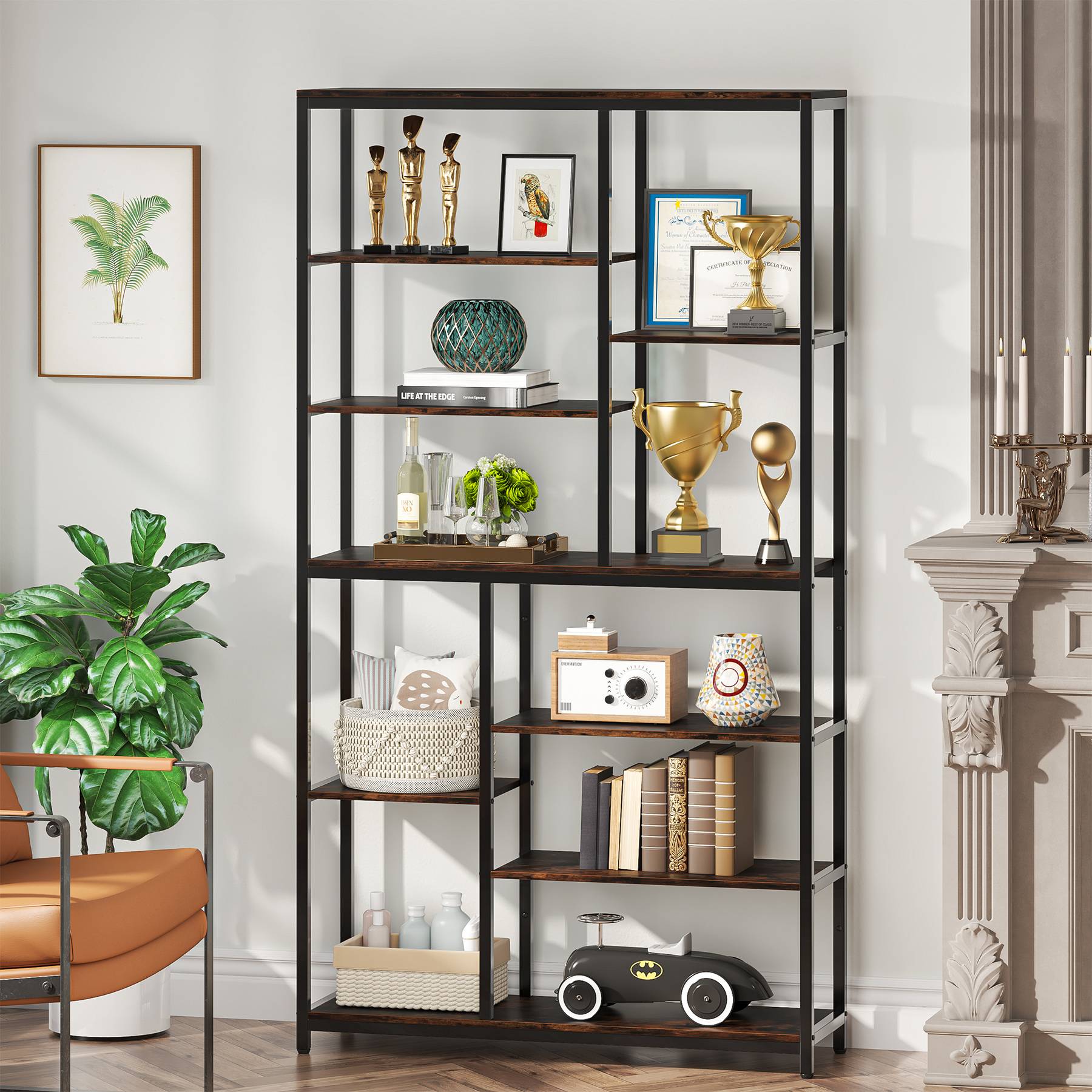 200 cm Tall Bookshelf, 8-Tier Staggered Etagere Bookcase Shelving Unit