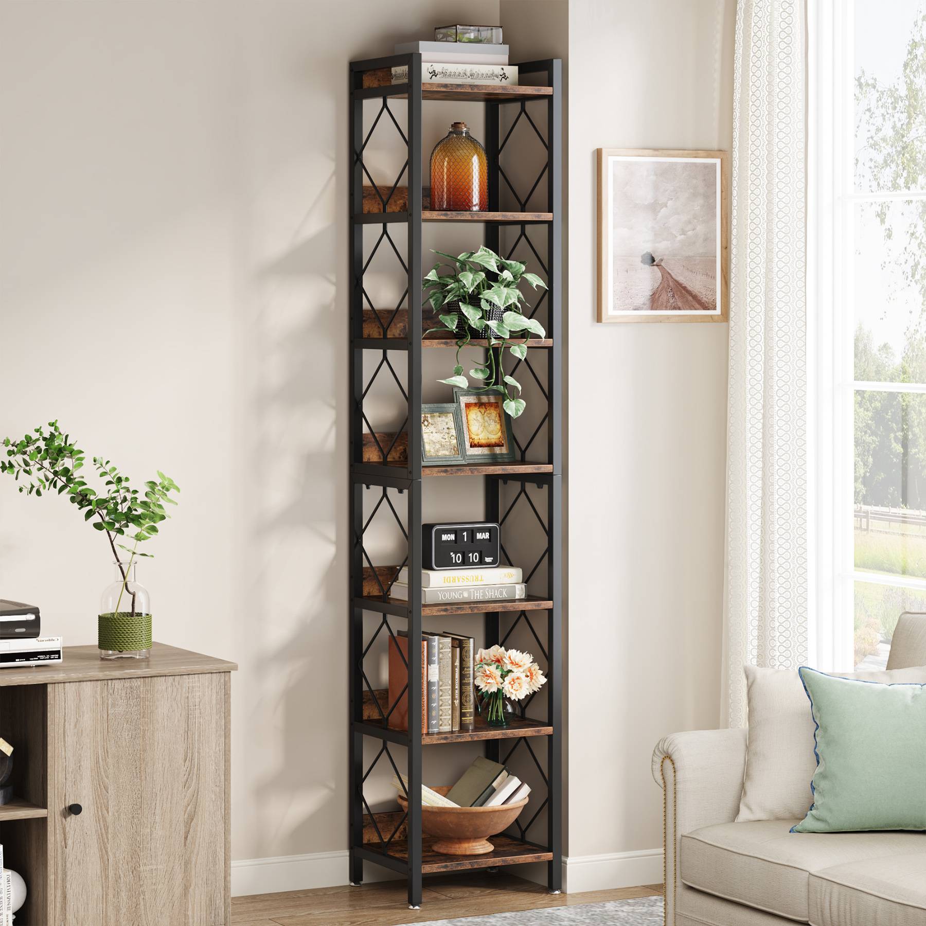 7-Tier Corner Shelf, 200 cm Narrow Bookshelf Corner Bookcase