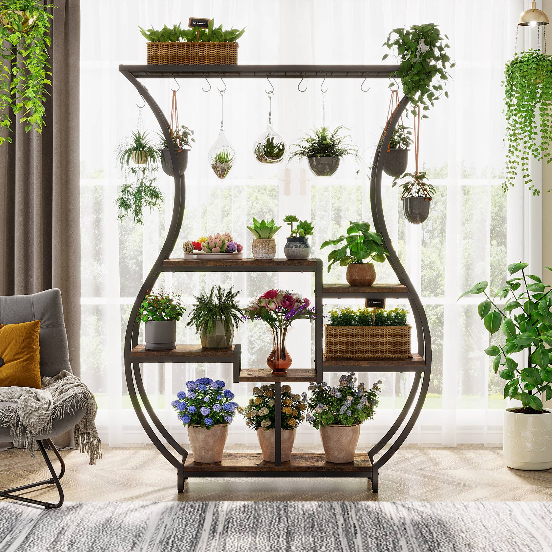 Vase-Shaped Plant Stand, 6-Tier Plant Display Rack with 10 Hanging Hooks (in cm)