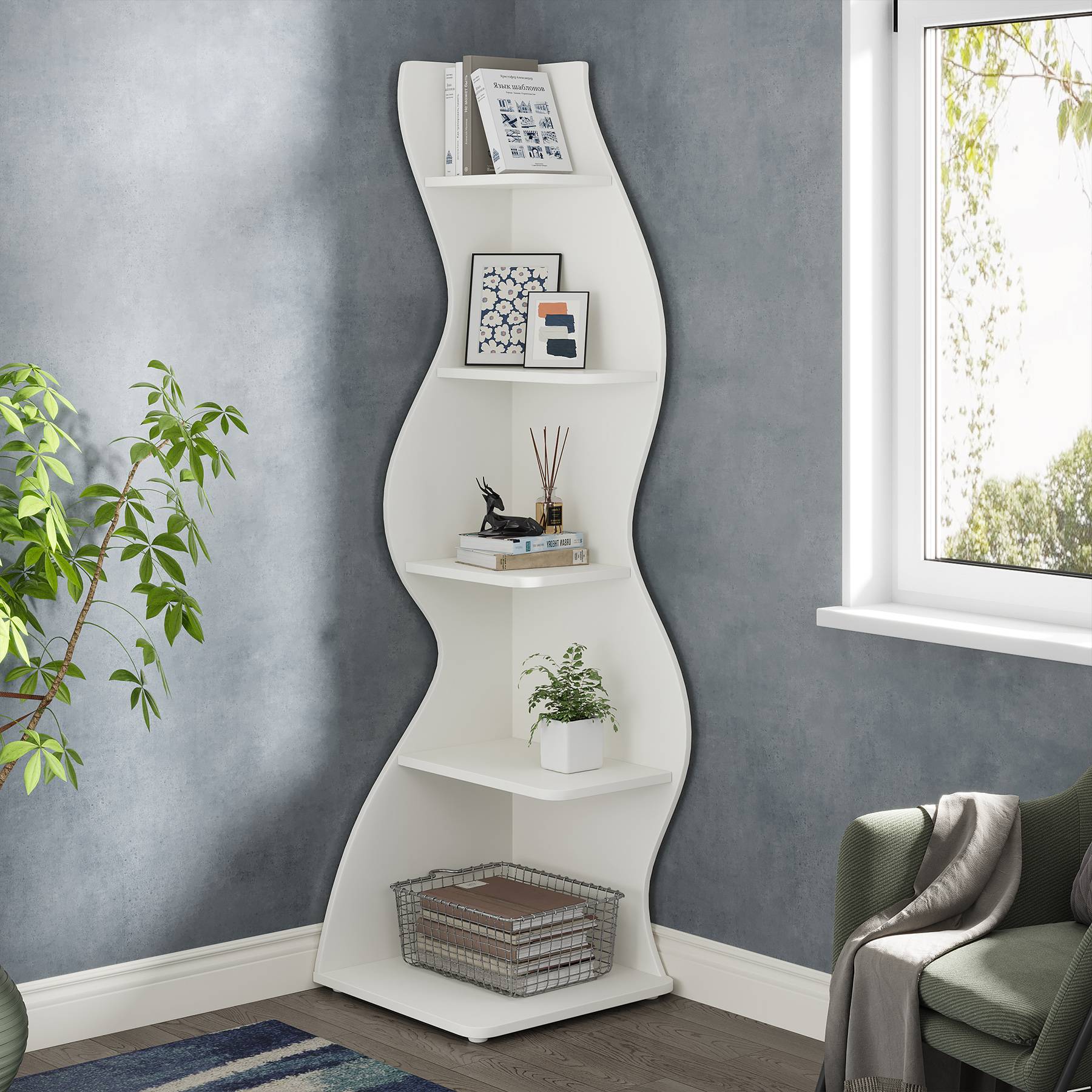 5-Tier Corner Shelf, Modern Wall Corner Bookshelf Bookcase (Converted to cm)