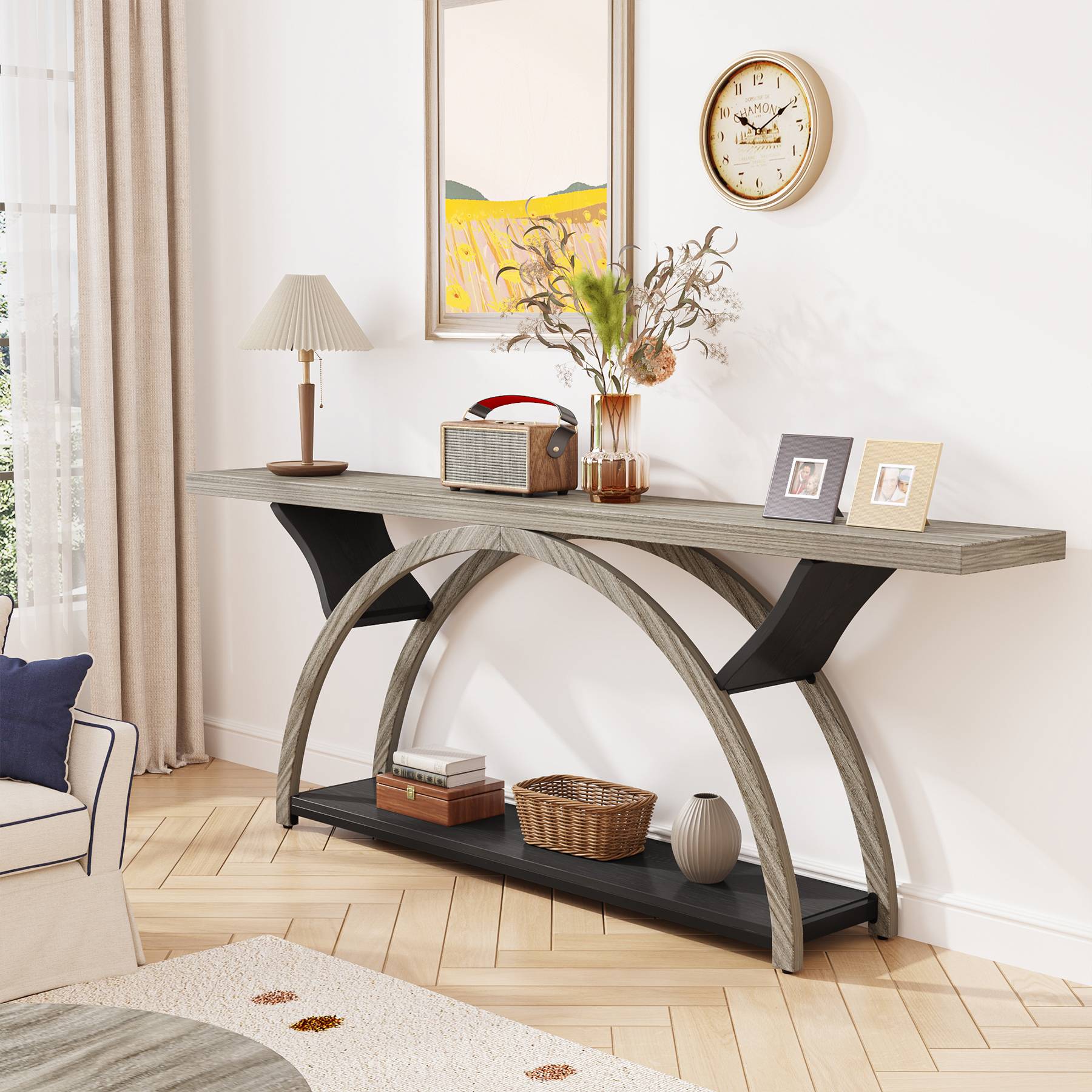 2-Tier Console Table, 180 cm Entryway Table with Half Moon Frame