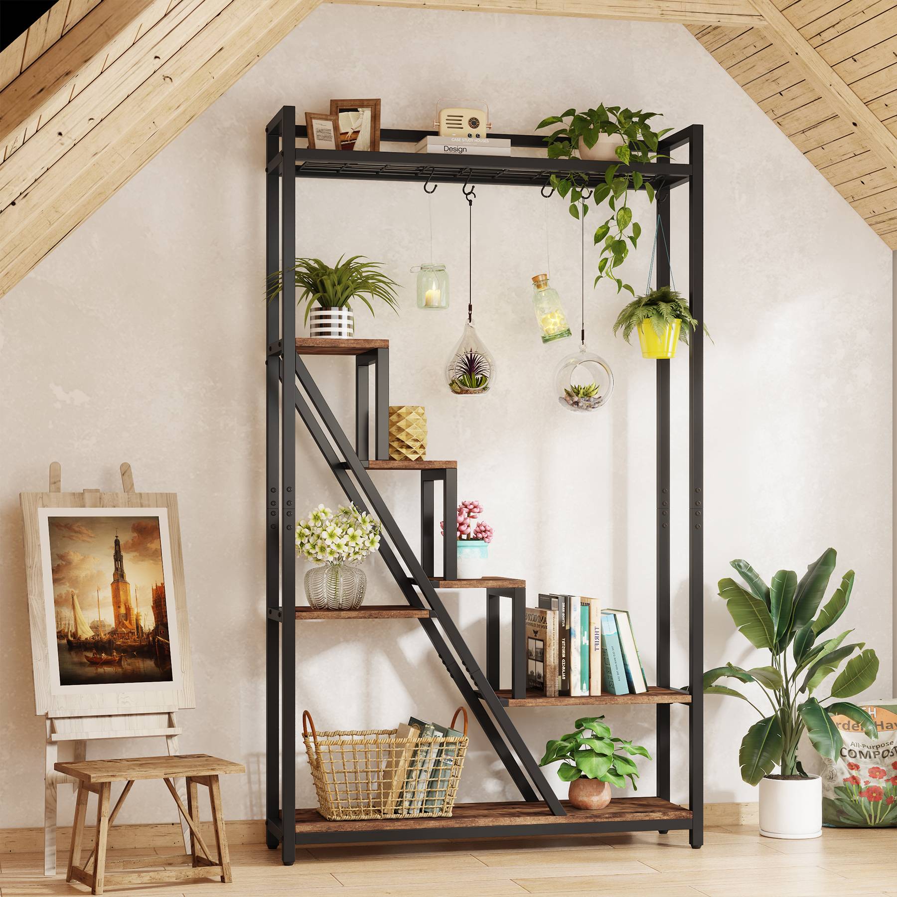 7-Tier Plant Stand, 180 cm Tall Flower Plant Shelf with 5 S-Hooks