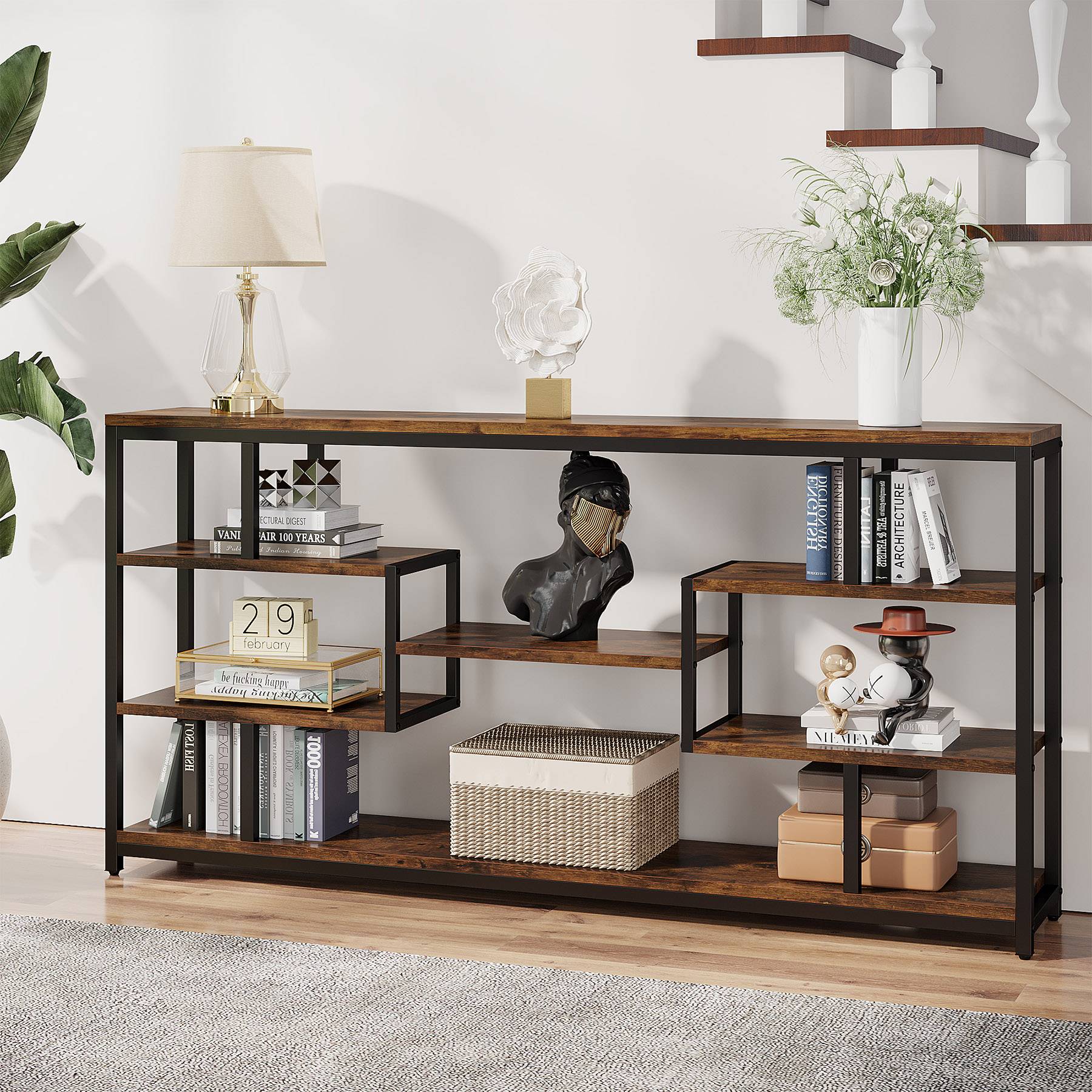 180 cm Console Table, Narrow Sofa Entryway Table with Open Storage Shelves