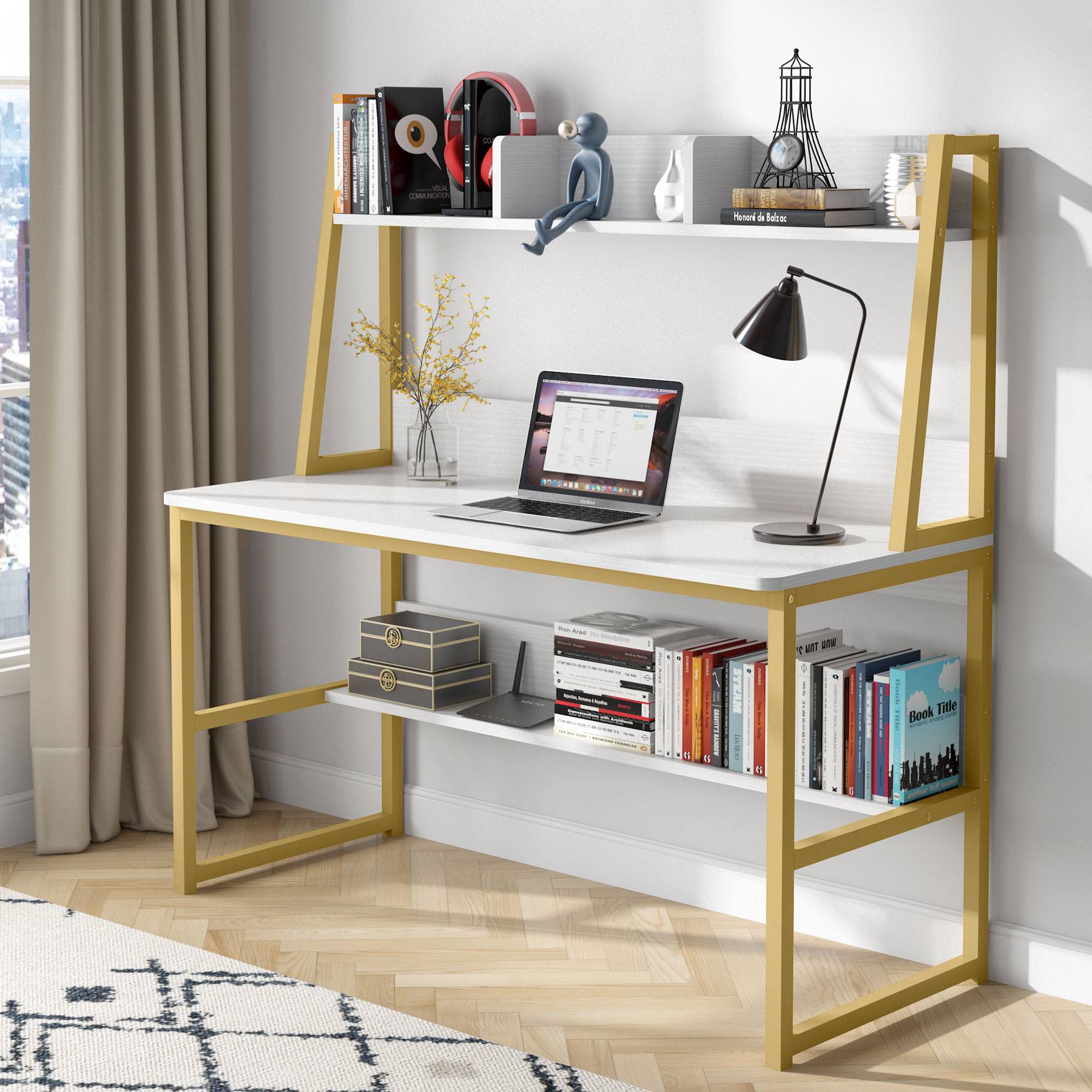 Modern Computer Desk with Hutch, 120 cm Office Desk with Storage Shelves